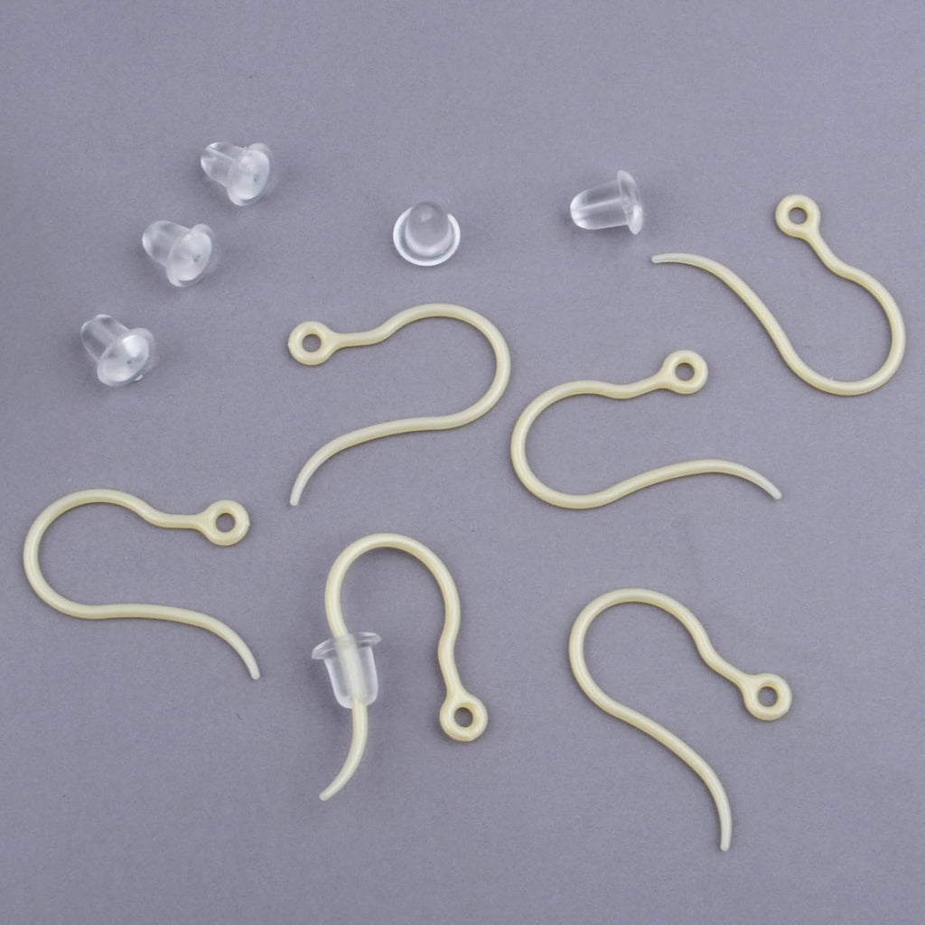 100pcs Golden Plastic Earring Hooks Fish Hooks with Loop and 100pcs Clear Bullet Earring Stoppers for DIY Jewelry Making Party Gifts Crafts Decor