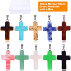 10pcs Natural Stone Cross Pendant Healing Crystal Quartz Stone Charms Chakra Gemstone Pendants with a Box for DIY Necklace Earring Jewelry Making(10 Colors)