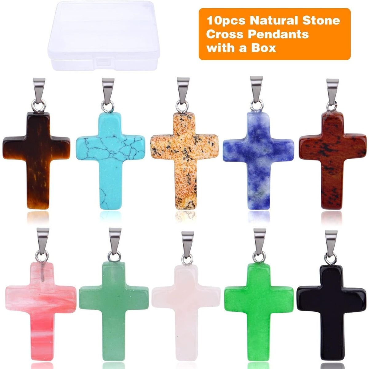 10pcs Natural Stone Cross Pendant Healing Crystal Quartz Stone Charms Chakra Gemstone Pendants with a Box for DIY Necklace Earring Jewelry Making(10 Colors)