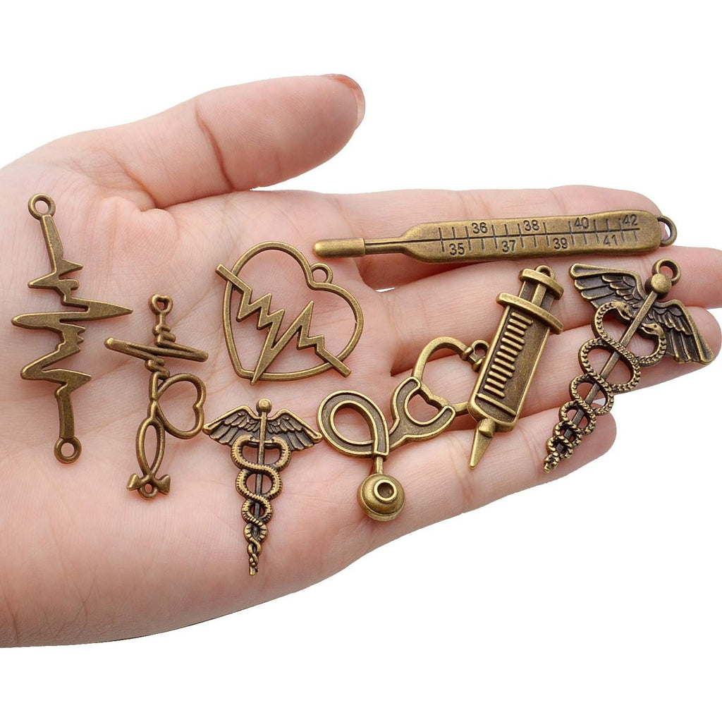 100g Craft Supplies Antique Bronze Medical Nurse Charms Alloy Stethoscope Syringe Nurse Cap Hat Charms Jewelry Medical Charm Pendants for DIY Necklace Bracelet Jewelry Accessory