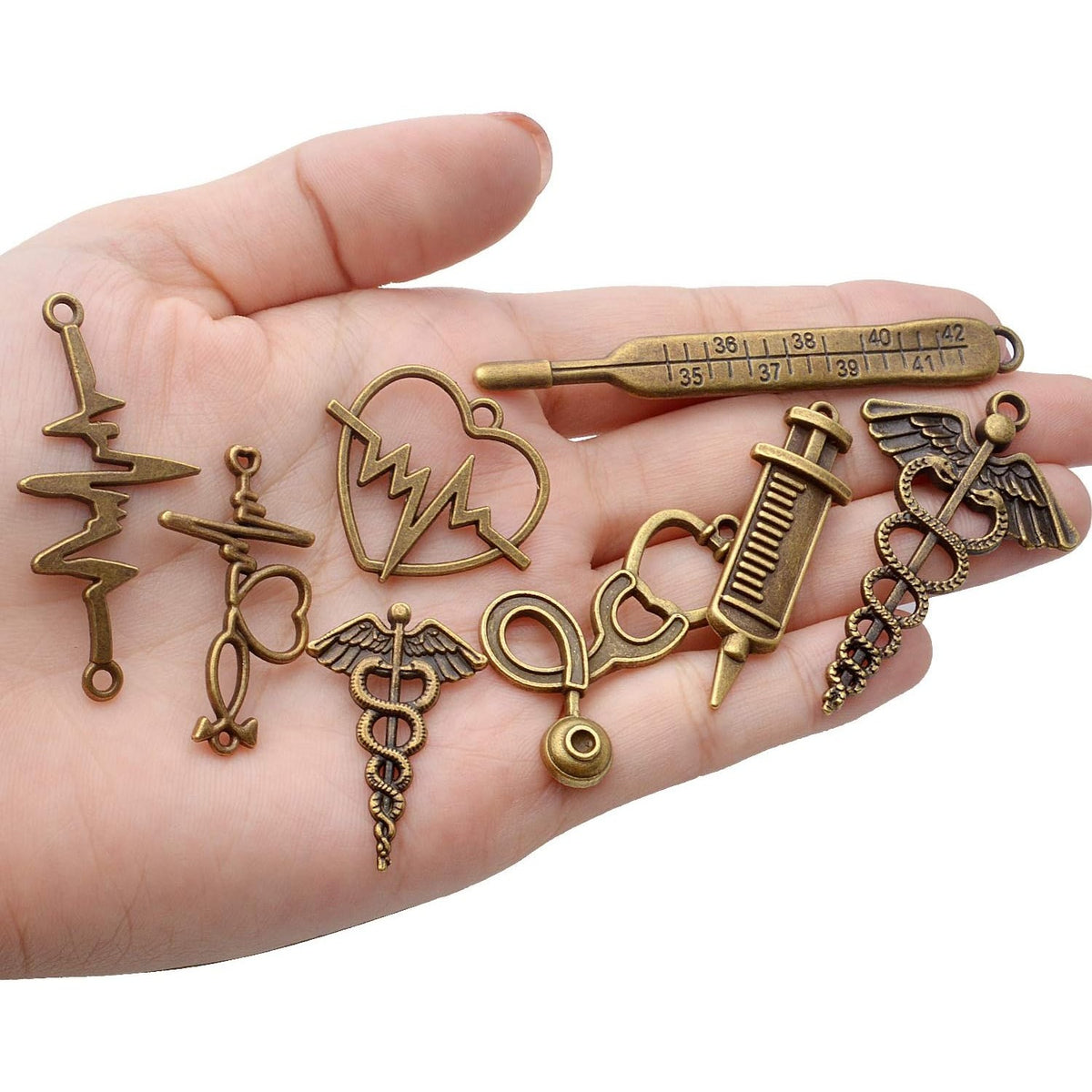 100g Craft Supplies Antique Bronze Medical Nurse Charms Alloy Stethoscope Syringe Nurse Cap Hat Charms Jewelry Medical Charm Pendants for DIY Necklace Bracelet Jewelry Accessory