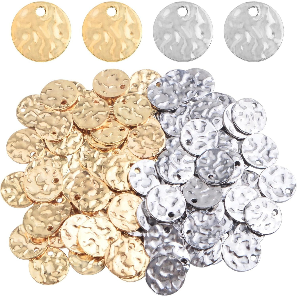 100pcs 10 mm Stainless Steel Flat Round Coin Charms Blank Stamping Tag Pendants Discs with Wavy Textured Pattern for Bracelet Earrings Jewelry Making Christmas Gift, 2 Colors