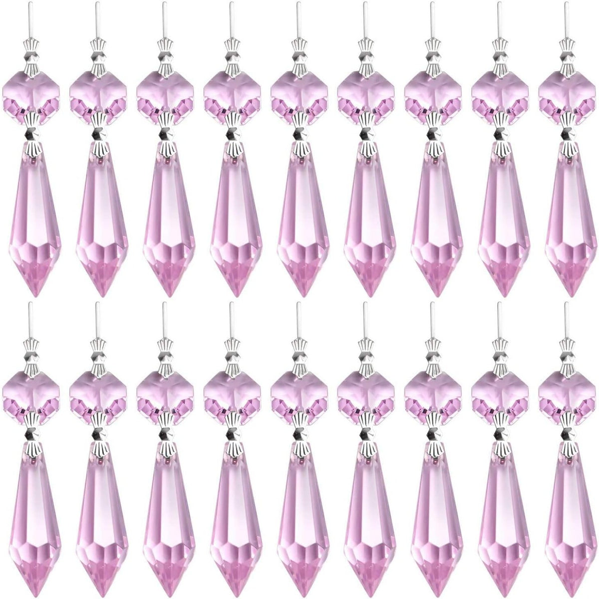20 Pieces Chandelier Icicle Crystal U-Drop Prisms Lamp Parts Glass Pendants Beads for Wedding, Party or Holiday Decoration, 37mm, Pink