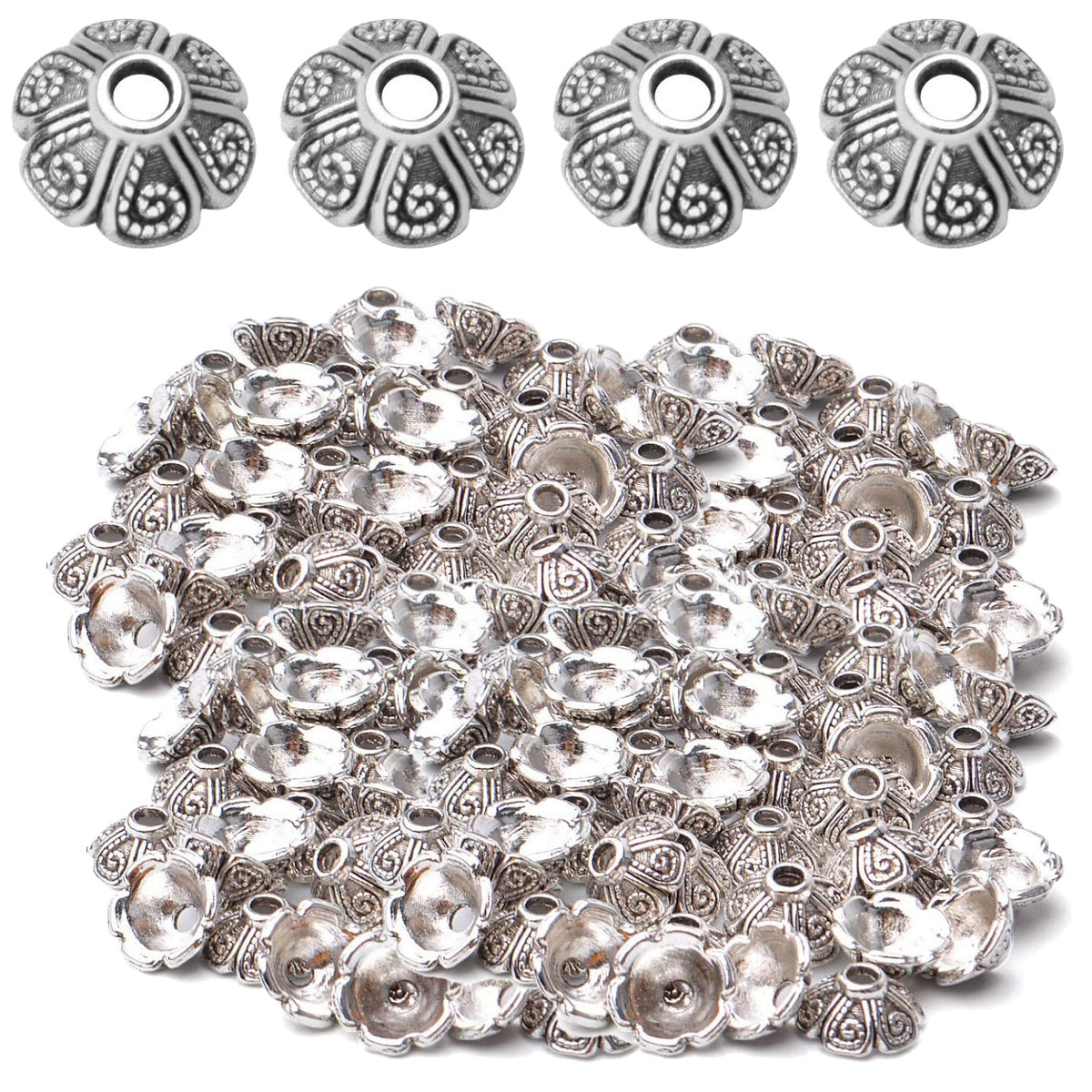 100pcs 9mm Tibetan Style Alloy Flower Caps Spacer Bead Caps Flower Beads End Caps Spacer Caps with A Box for DIY Jewelry Crafts Making(Antique Silver and Antique Gold)