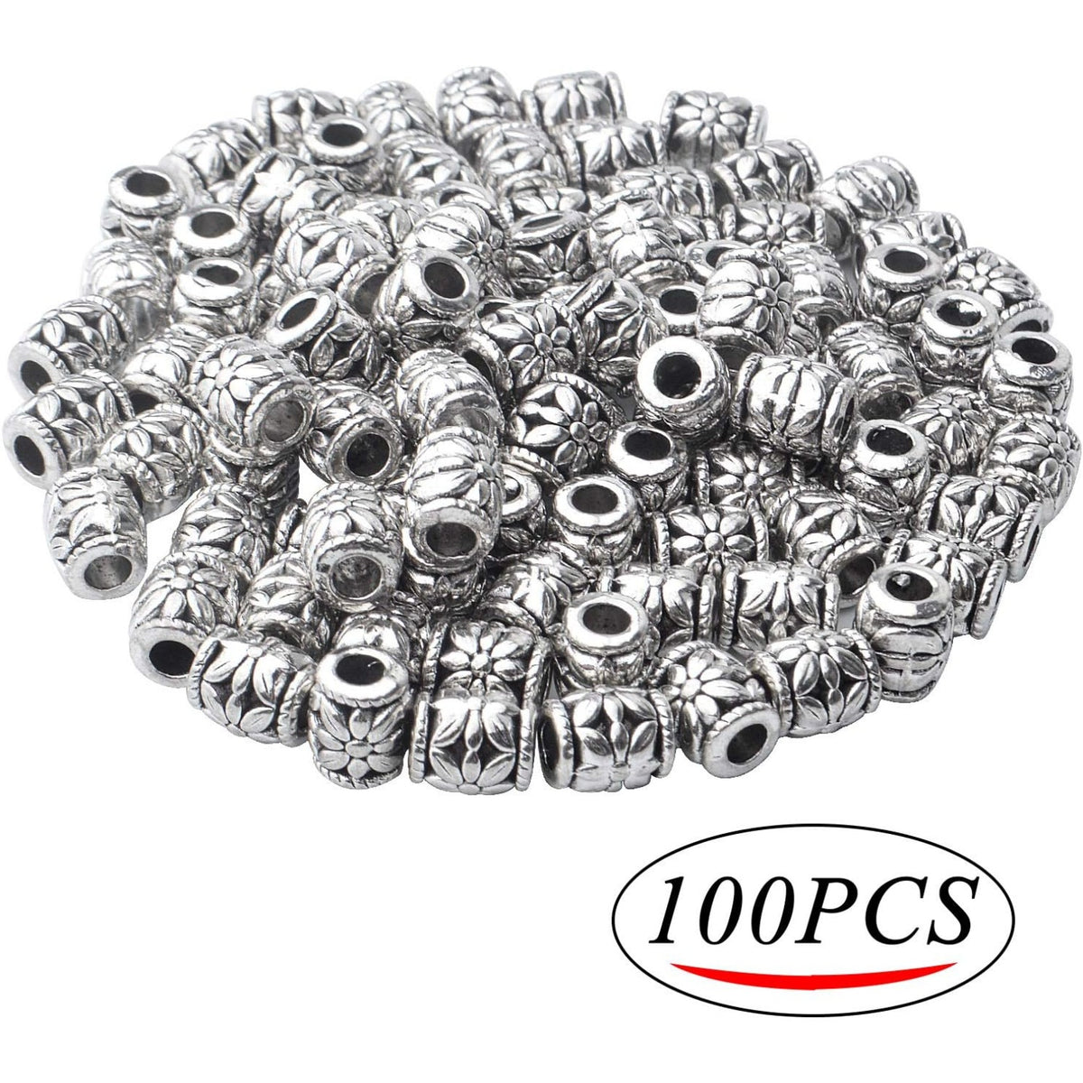 100pcs Antique Silver Bead Spacer Alloy Tube Beads Tibetan Spacers Large Hole Loose Beads Jewelry Spacer Charms for DIY Jewelry Making