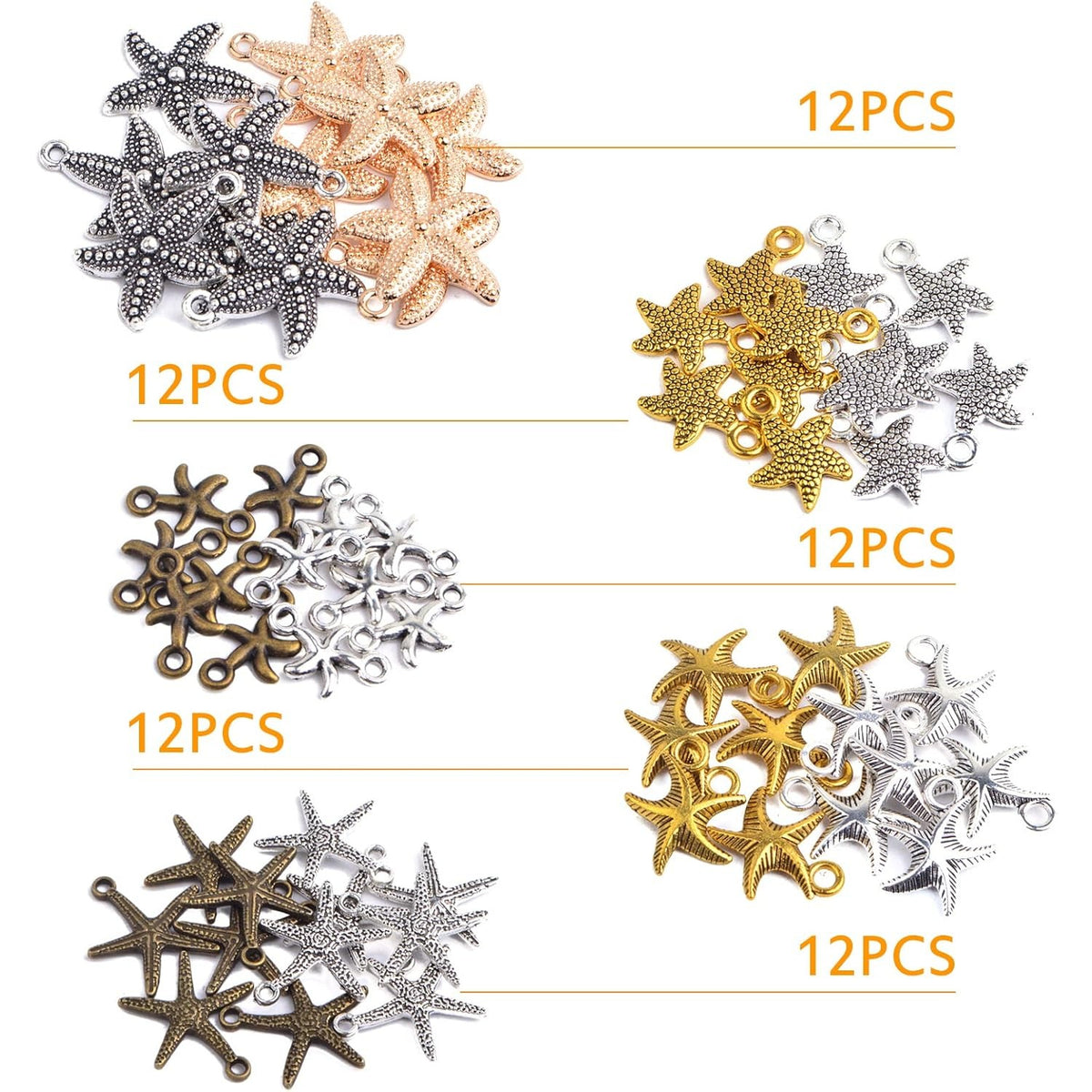 60pcs Mixed Color Marine Life Starfish Charms Vintage Sea Animal Starfish Sea Star Pendant Charms Collection for DIY Necklace Bracelet Jewelry Making Crafting, 5 Styles