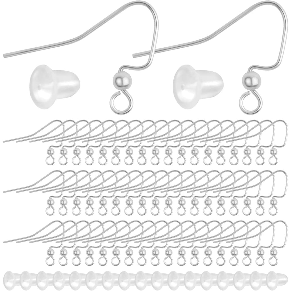 100pcs Stainless Steel Earring Hooks Hypoallergenic French Ear Wire Ball Fish Hooks with 100pcs Clear Earring Safety Backs for DIY Earrings Jewelry Making Supplies