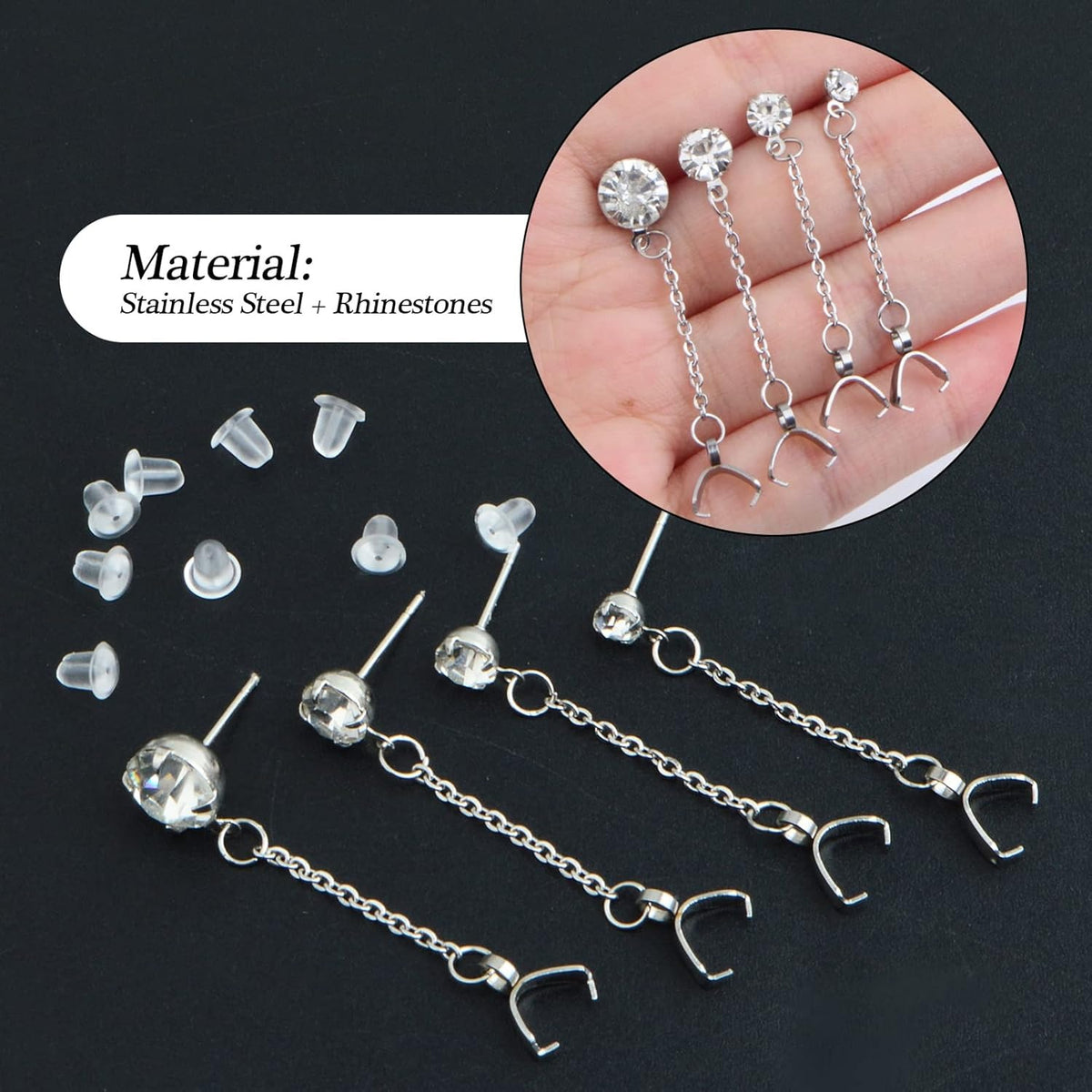 8pcs Stainless Steel Rhinestone Earring Studs Silver Plated Earring Posts with Pinch Clasps Chains and 20pcs Clear Bullet Earring Backs for DIY Jewelry Making Supplies, 4 Sizes