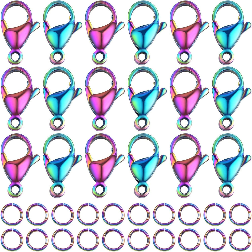 30pcs Stainless Steel Lobster Claw Clasps Fastener Hook Connectors and 30pcs 6 mm Open Jump Rings Set for DIY Bracelet Necklace Jewelry Making Findings, Rainbow Color