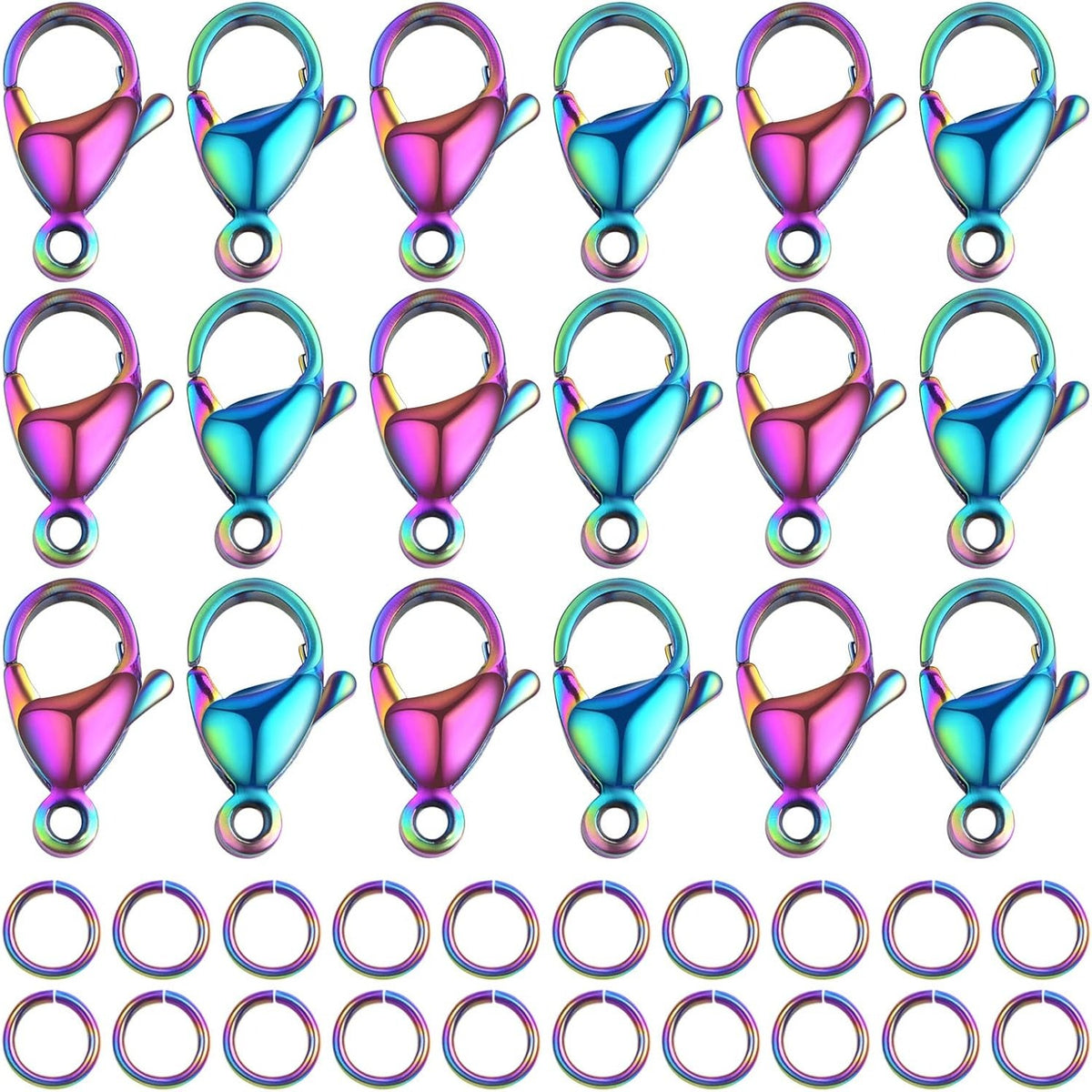 30pcs Stainless Steel Lobster Claw Clasps Fastener Hook Connectors and 30pcs 6 mm Open Jump Rings Set for DIY Bracelet Necklace Jewelry Making Findings, Rainbow Color