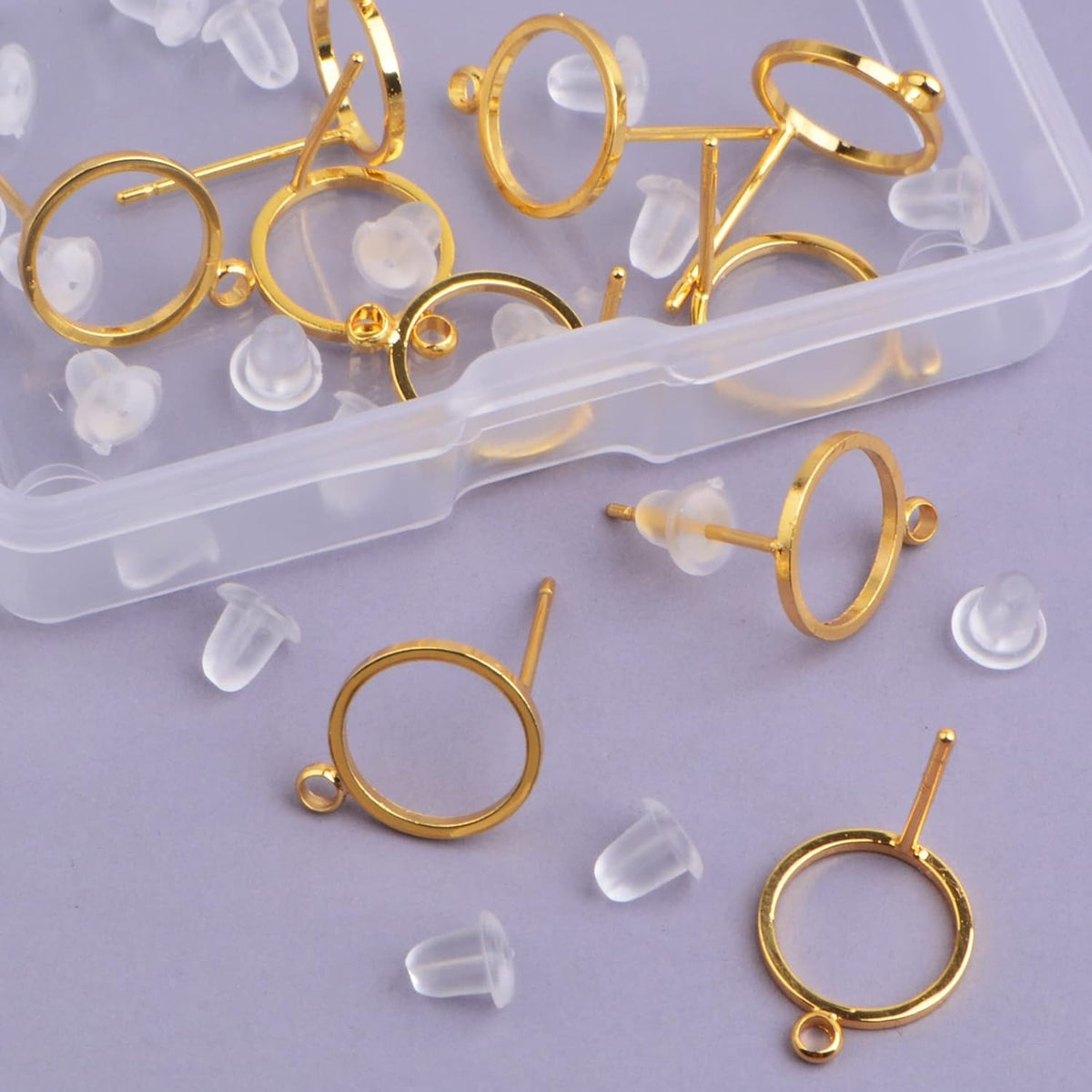 10pcs 10 mm Flat Round Earring Studs Brass Blank Earring Posts with Loop and 20pcs Clear Earring Safety Backs with a Box for DIY Earrings Jewelry Making Findings, Golden