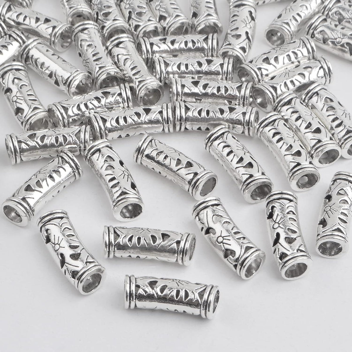 50pcs Antique Silver Hollow Curved Tube Spacer Beads Tibetan Alloy Large Hole Long Tube Loose Beads Slide for European Charms Leather Cord Jewelry Making, Hole: 5 mm