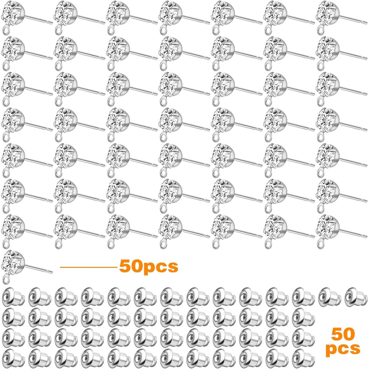 50pcs Rhinestone Stud Earrings Crystal Earring Posts with Loop Hole and 50pcs Bullet Earring Backs Jewelry Findings for Birthday Party Gifts Crafts Decor