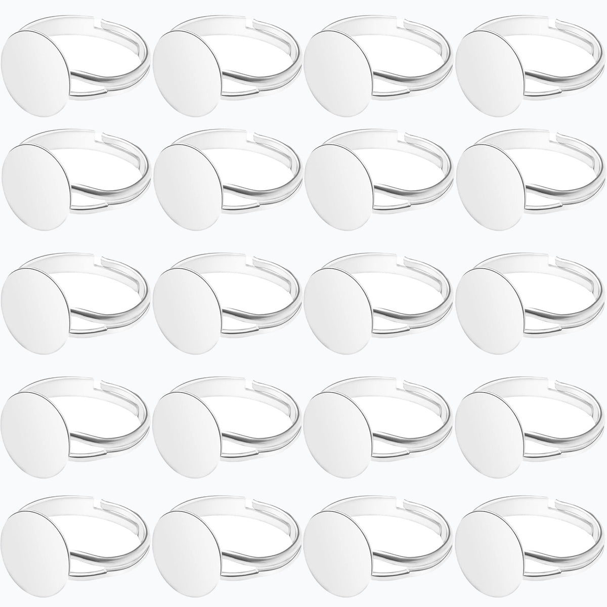 20 Pieces Metal Blank Rings Adjustable Finger Ring Flat 12mm Round Ring Base Blanks Jewelry Findings Components for Rings Making DIY Crafts, Golden, Silver