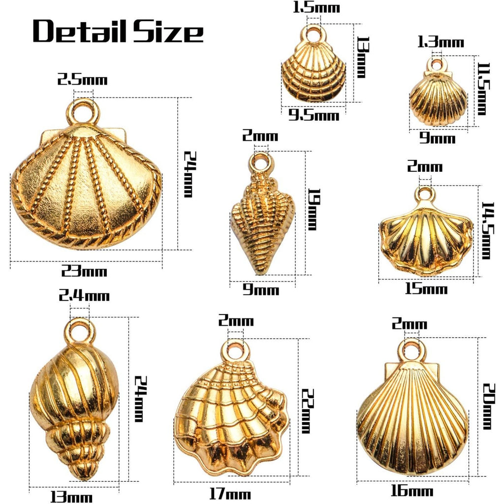Seashell Charms, 100 Gram Gold Shell Ocean Theme Pendants - Conch, Scallops, Mussel, Marine Life, Sea Animals Dangle Charms for Jewelry Making, Necklace, Bracelet Crafting