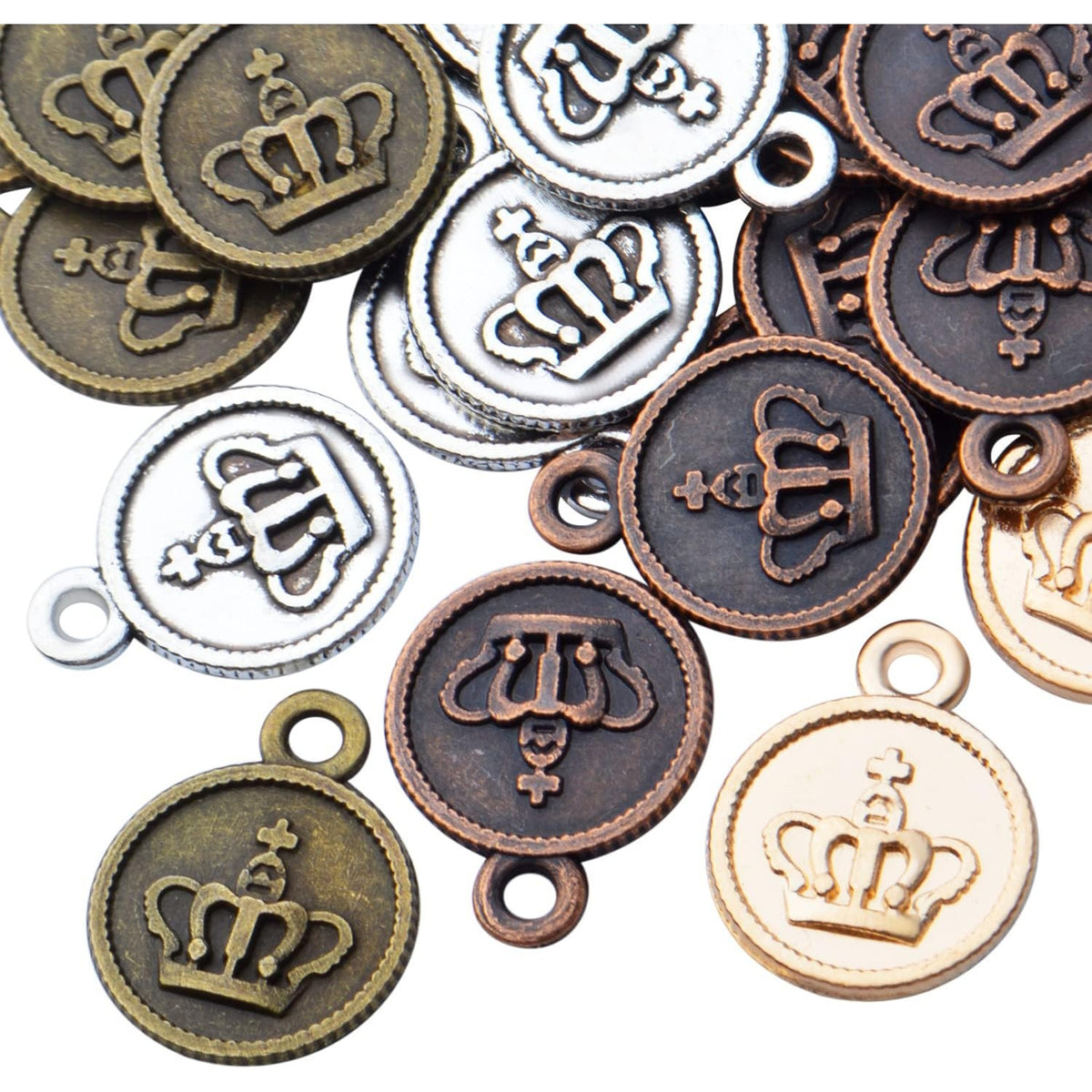 60pcs Crown Pendant Charm Alloy Round Crown Charms Beads King Charms Craft Supplies for DIY Necklace Bracelets Jewelry Pendant Making,4 Colors