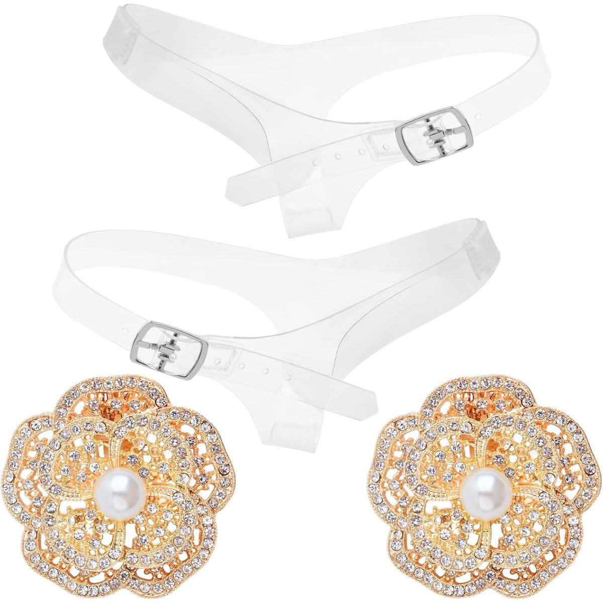 1 Pair Invisible High Heel Shoe Straps Transparent Triangle Shoe Belt Ankle Straps and 1 Pair Double-layer Pearl Flower Shoe Buckles for Women Lady Holding Loose High Heels