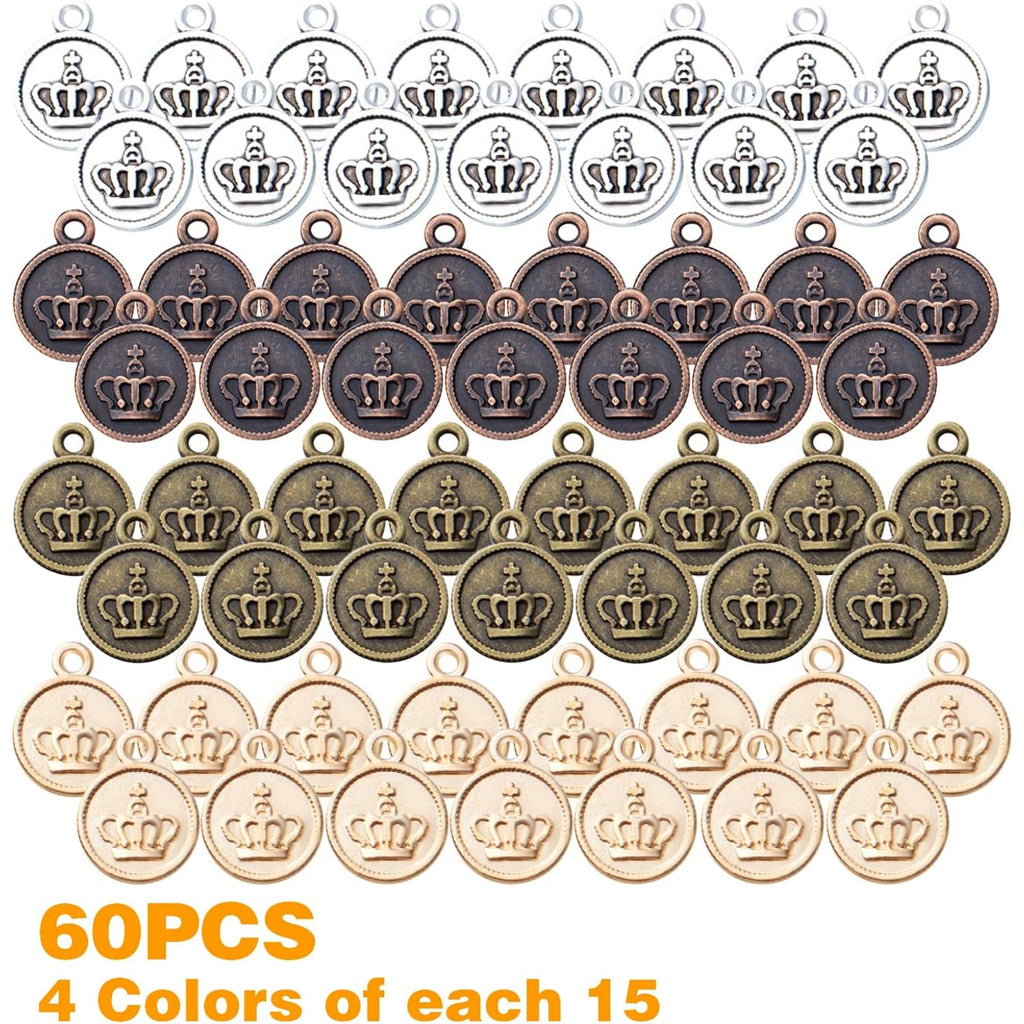 60pcs Crown Pendant Charm Alloy Round Crown Charms Beads King Charms Craft Supplies for DIY Necklace Bracelets Jewelry Pendant Making,4 Colors