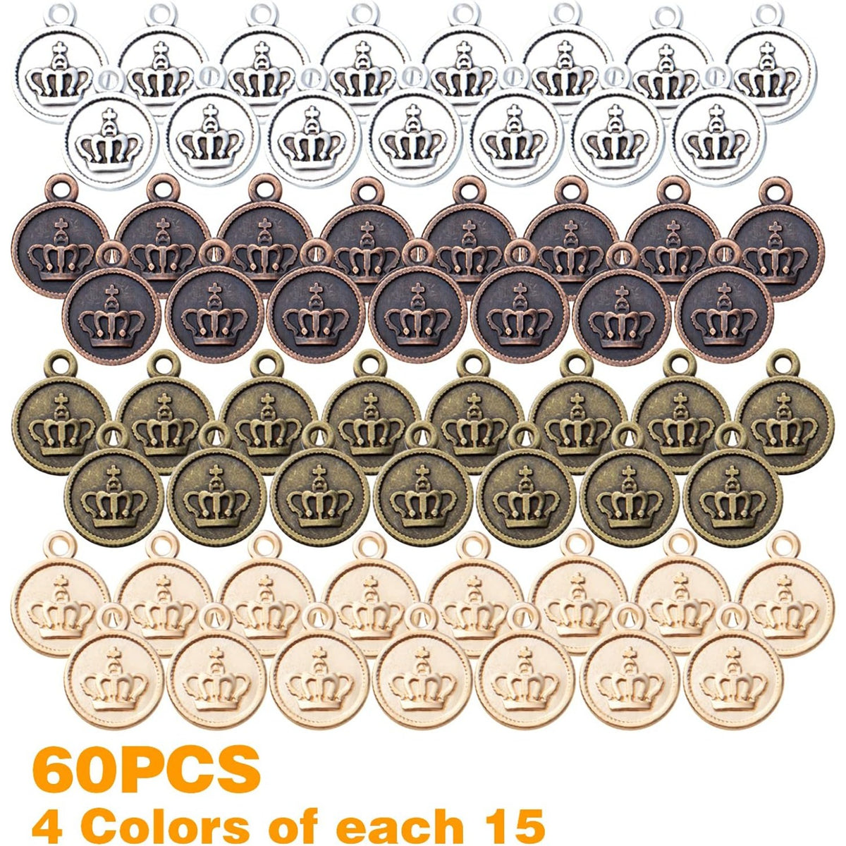 60pcs Crown Pendant Charm Alloy Round Crown Charms Beads King Charms Craft Supplies for DIY Necklace Bracelets Jewelry Pendant Making,4 Colors