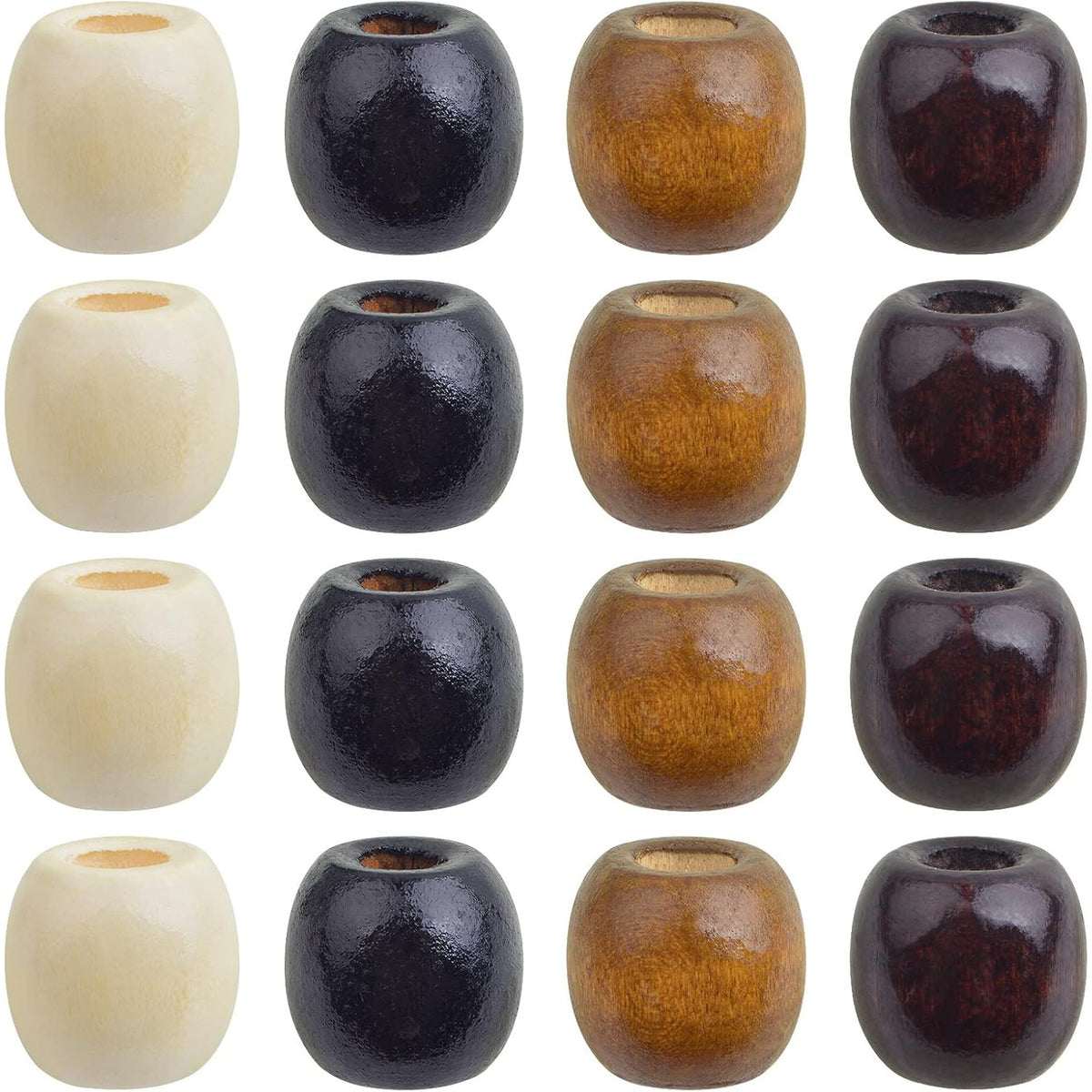 200pcs 4 Colors Large Hole Barrel Wood Beads Natural Wooden Dreadlock Hair Braid Beads European Loose Beads for DIY Macrame Garland Jewelry Craft Making Handmade Decor