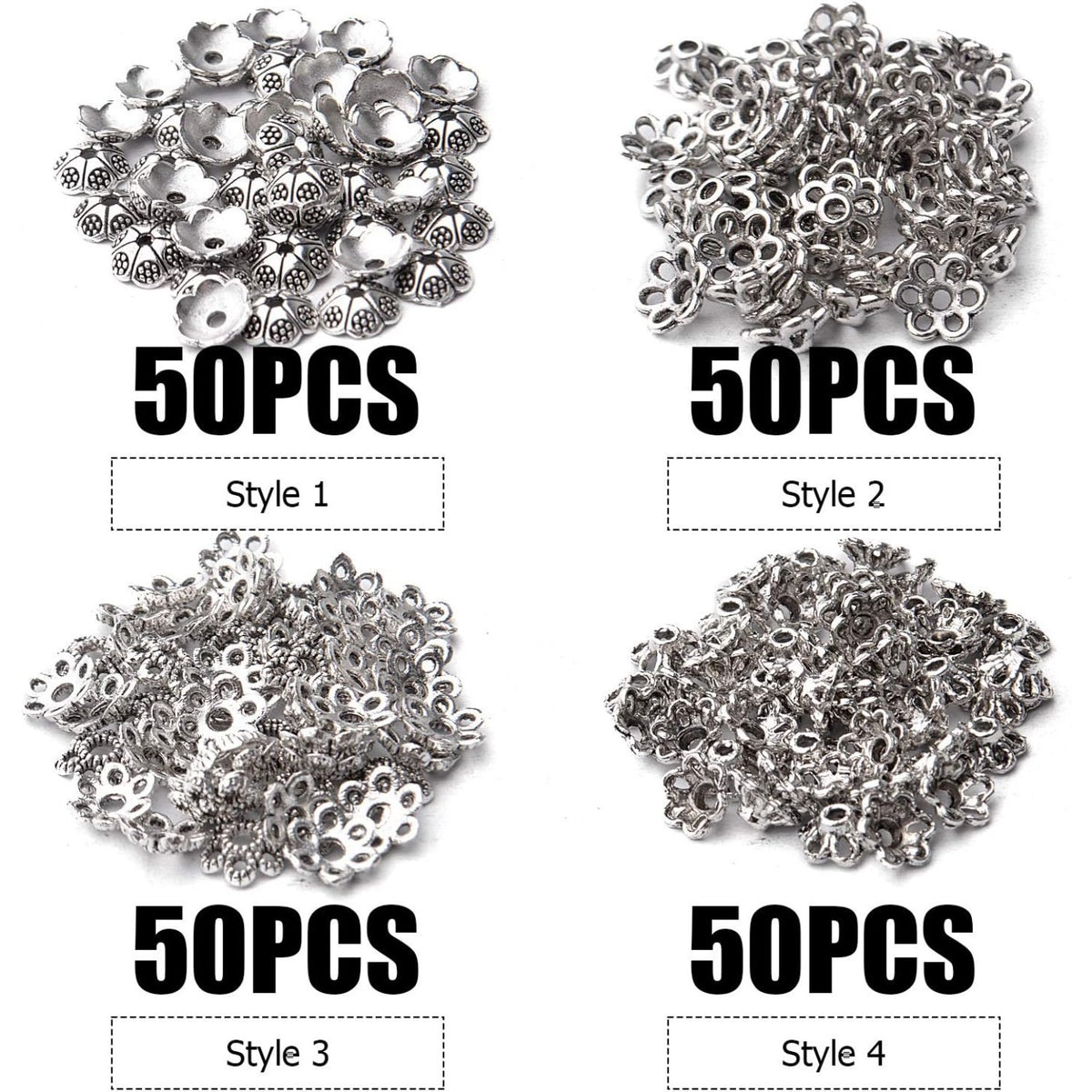 200pcs Antique Silver Flower Bead Caps Alloy Tibetan Style Bead End Caps Spacer Cap Beads Jewelry Caps for Bracelet Necklace Earrings Jewelry Making Supplies, 4 Styles