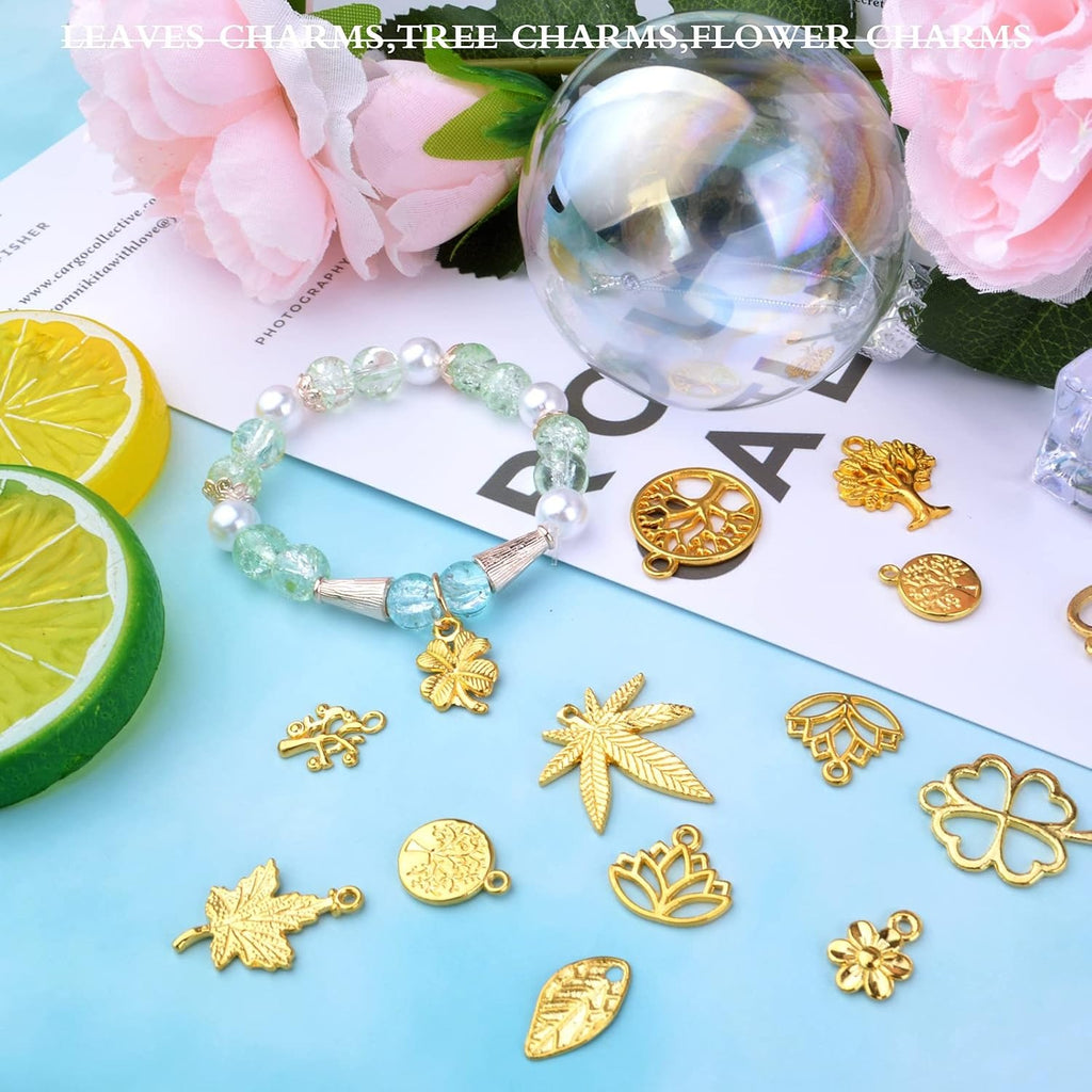 60pcs Gold Plated Leaves Flowers Charms Tree of Life Pendants Charm Alloy Vintage Hollow Charms Jewelry Making Accessory for DIY Necklace Bracelet Earrings Crafts Supplies, 30 Styles