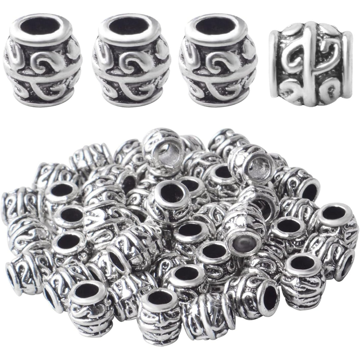 50pcs Antique Silver Large Hole Spacer Beads, Barrel Shape, 7.3*7.5*4mm