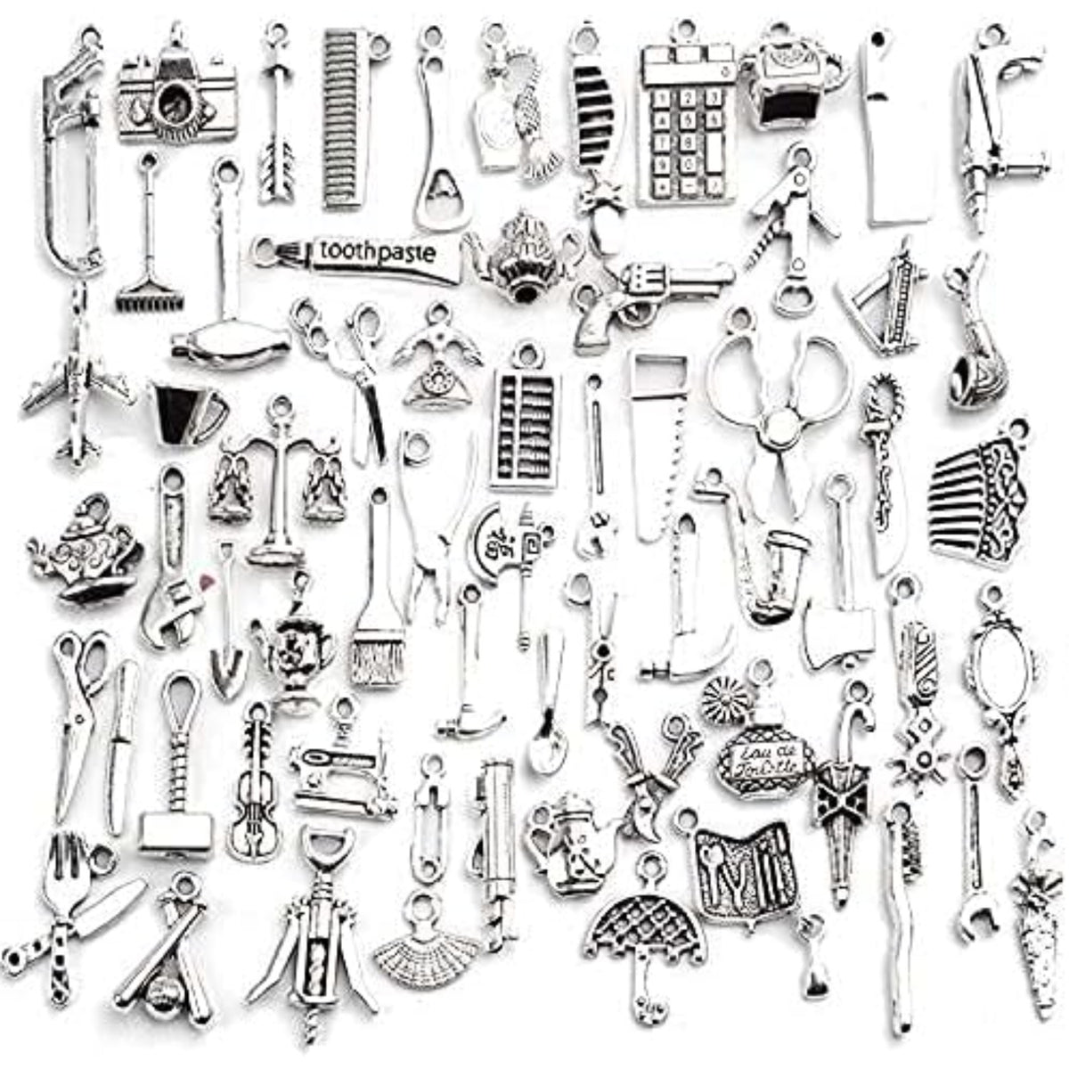 60pcs Silver Home Tools Charms Mixed Styles Vintage Pendants Jewelry Charm Connector Craft Supplies for DIY Necklace Bracelet Making and Crafting