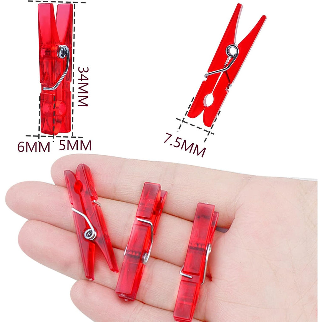 100 Pieces Clear Plastic Clothespins Mini Transparent Craft Clips Pictures Paper Peg Pins for Hanging Photos String Fairy Lights Wedding Party Decor, Red