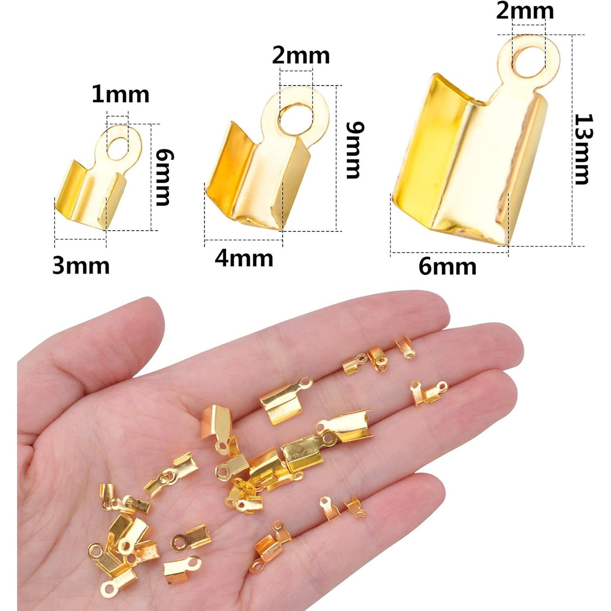 600pcs 3 Sizes Gold Plated Fold Over Cord Ends Metal Fold-Over Crimp End Caps Leather Ribbon Ending Terminators Clamp End Tips Jewelry Connector for Jewelry Making Accessories