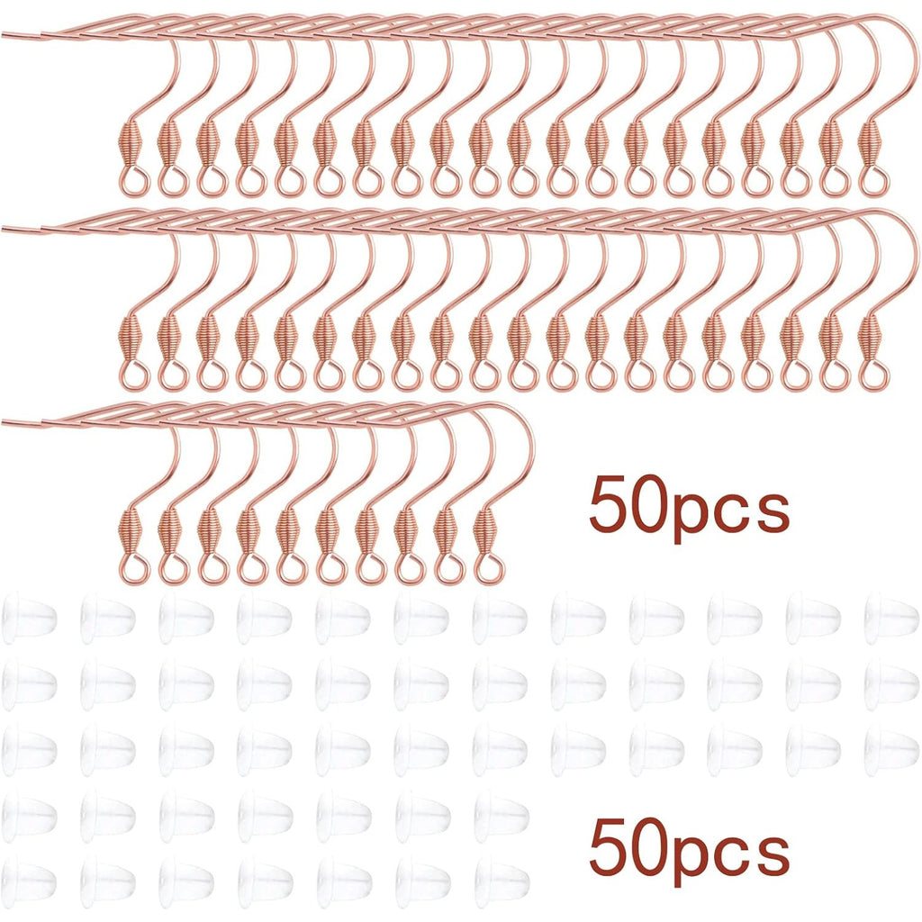 50pcs Stainless Steel Large Earring Hooks Hypoallergenic French Ear Wires Fish Hooks and 50pcs Clear Earring Safety Backs for DIY Dangle Earring Making Supplies, Rose Golden