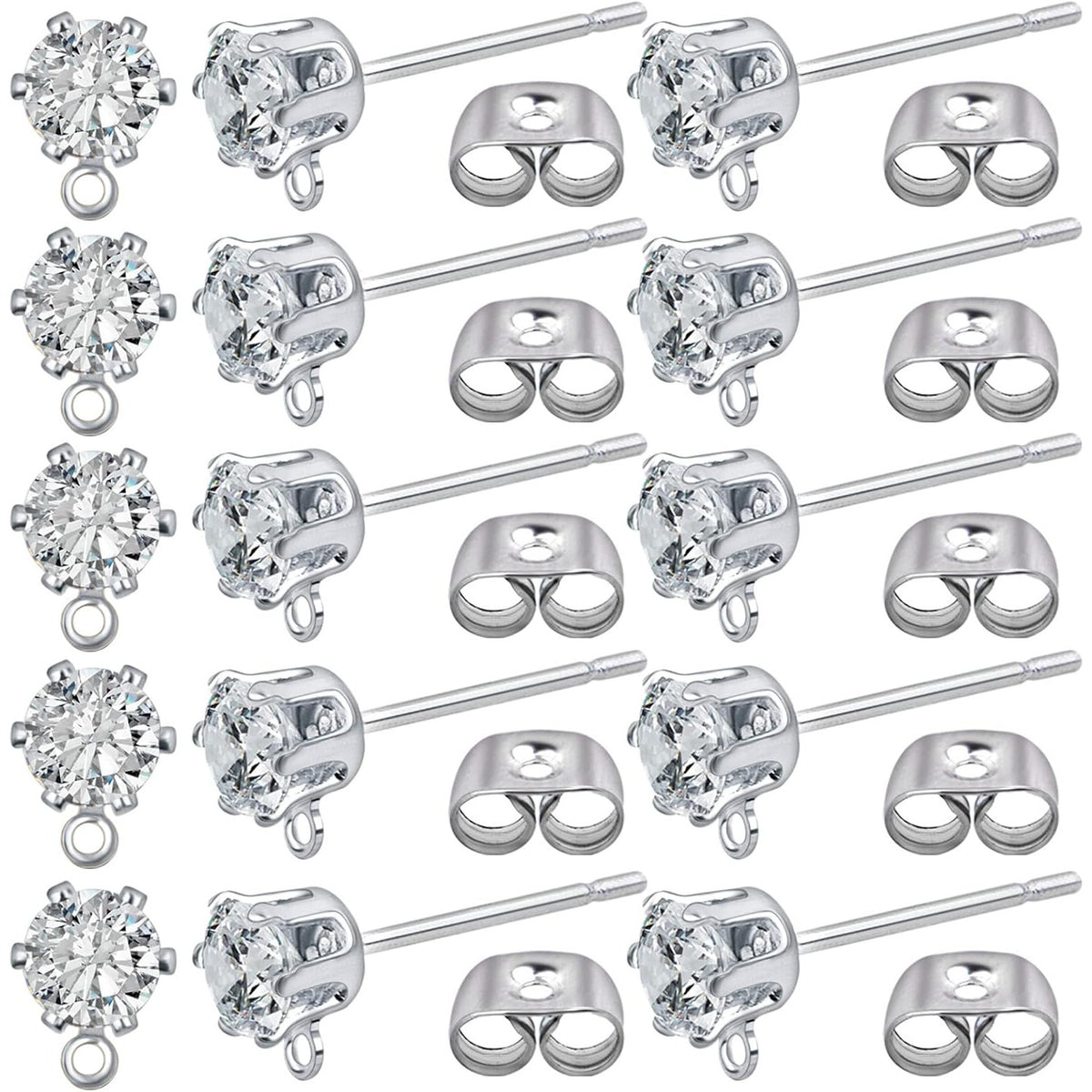 40pcs Cubic Zirconia Earring Posts with Loop Rhinestone Earring Studs and 40pcs Ear Backs Stoppers Accessories for DIY Jewelry Making Wedding Birthday Gifts