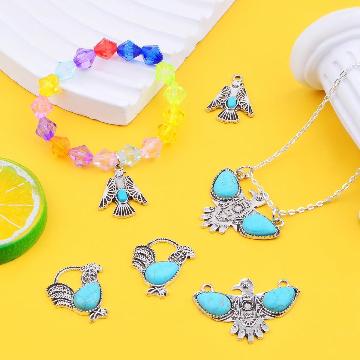 6pcs Tibetan Animal Eagle Chicken Synthetic Turquoise Charms Vintage Alloy Rooster Chicken Dangle Pendants for DIY Necklace Bracelet Earrings Jewelry Making, 3 Styles