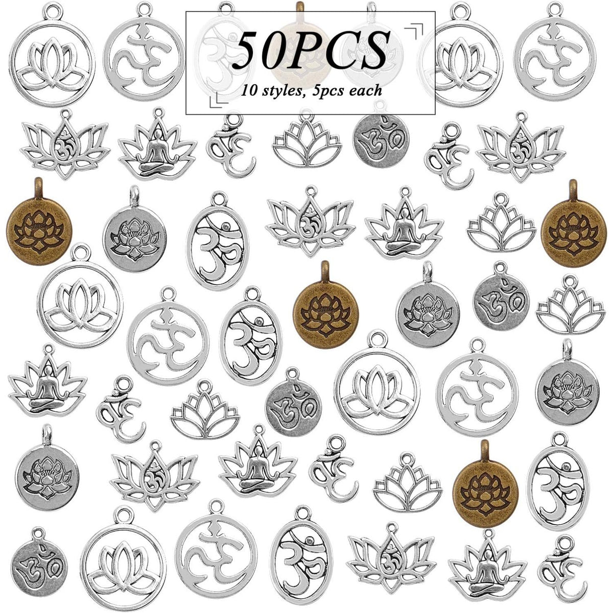 50pcs Antique Yoga OM Lotus Flower Styles Charms Mixed Pendants Findings for Jewellery Making Necklace Bracelet Crafts,10 Styles
