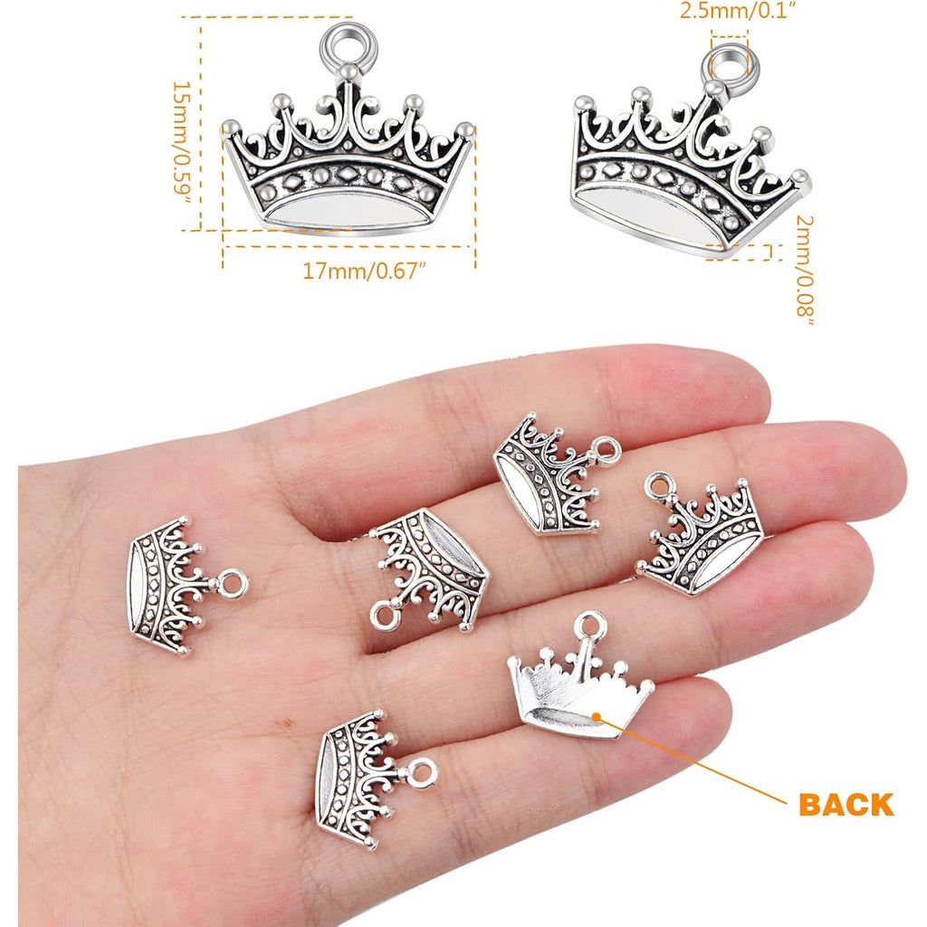 60 Pieces Antique Silver Tiara Crown Charms Vintage Alloy Mini Crown Princess Dangle Pendants Accessories for DIY Necklace Jewelry Making Brithday Party Gifts
