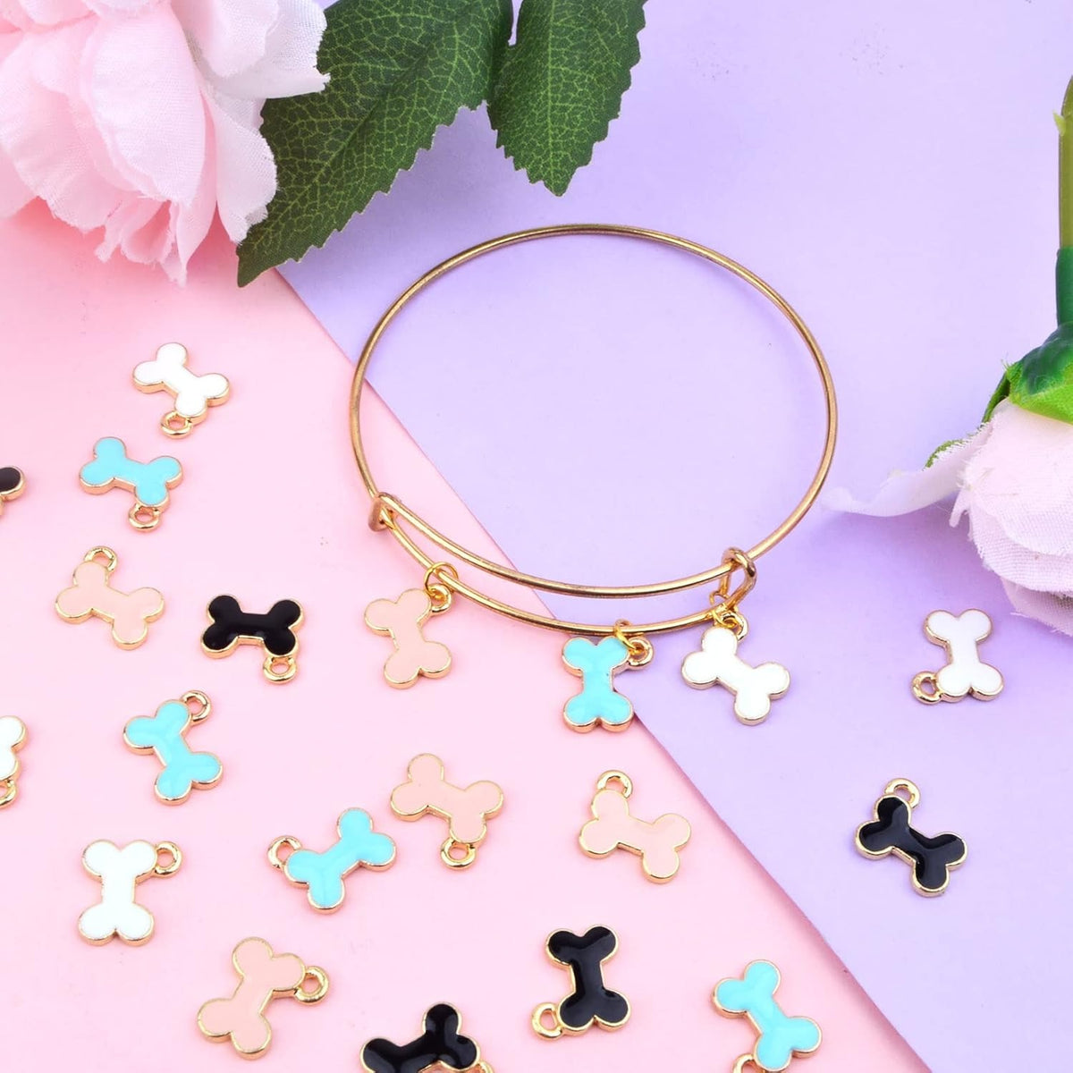 20pcs 4 Colors Enamel Dog Bone Charms Alloy Lovely Pet Pendants Doggy Bone Shaped Dangle Charms for DIY Earring Necklace Bracelet Jewelry Making, Hole: 2.5 mm