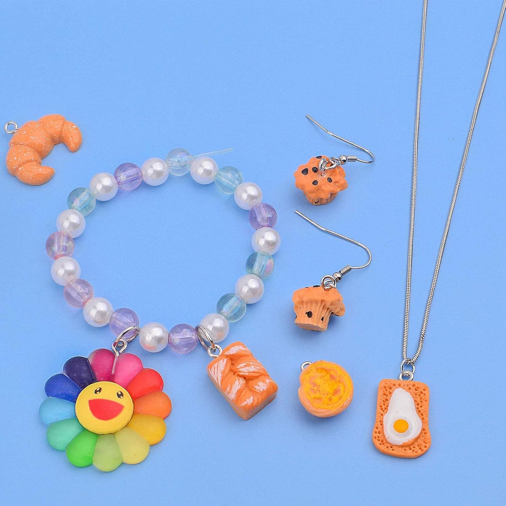 24pcs Mixed Imitation Food Charms Resin Loaf Bread Baking Baguette Cake Croissant Waffle Egg Tart Dangle Pendants Ornament for DIY Necklace Keychain Jewelry Making