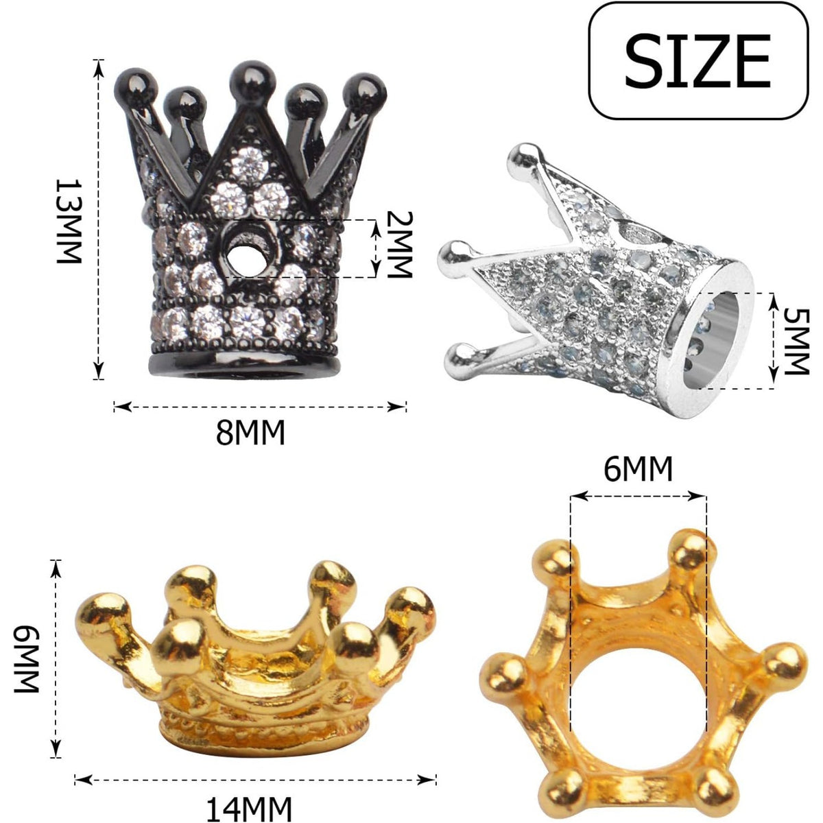 40pcs Crown Charm Spacer Beads, Mixed Rhinestone Alloy, Large Hole, 2 Styles