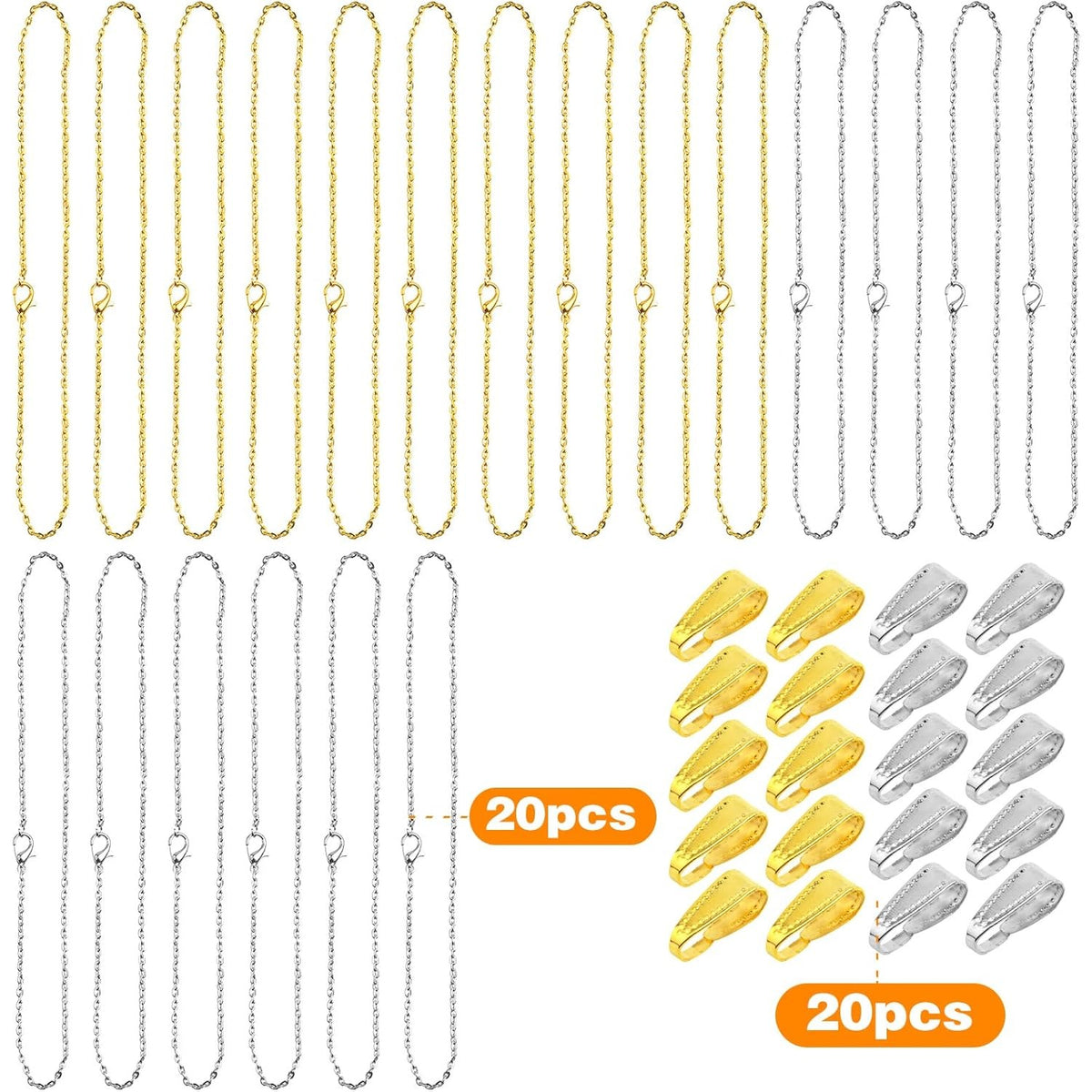 20pcs 50 cm Metal Necklace Extender Chains Links with Lobster Claw Clasps and 20pcs Pinch Clip Clasps Pendant Clasps Connectors for DIY Jewelry Making Supplies, 2 Colors