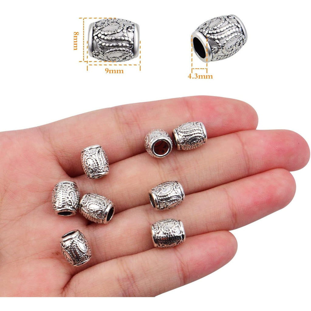 100pcs Antique Silver Oval Spacer Beads Alloy European Large Hole Loose Beads with A Plastic Box for DIY Bracelet Jewelry Making Handmade Decor, Hole: 4.3 mm