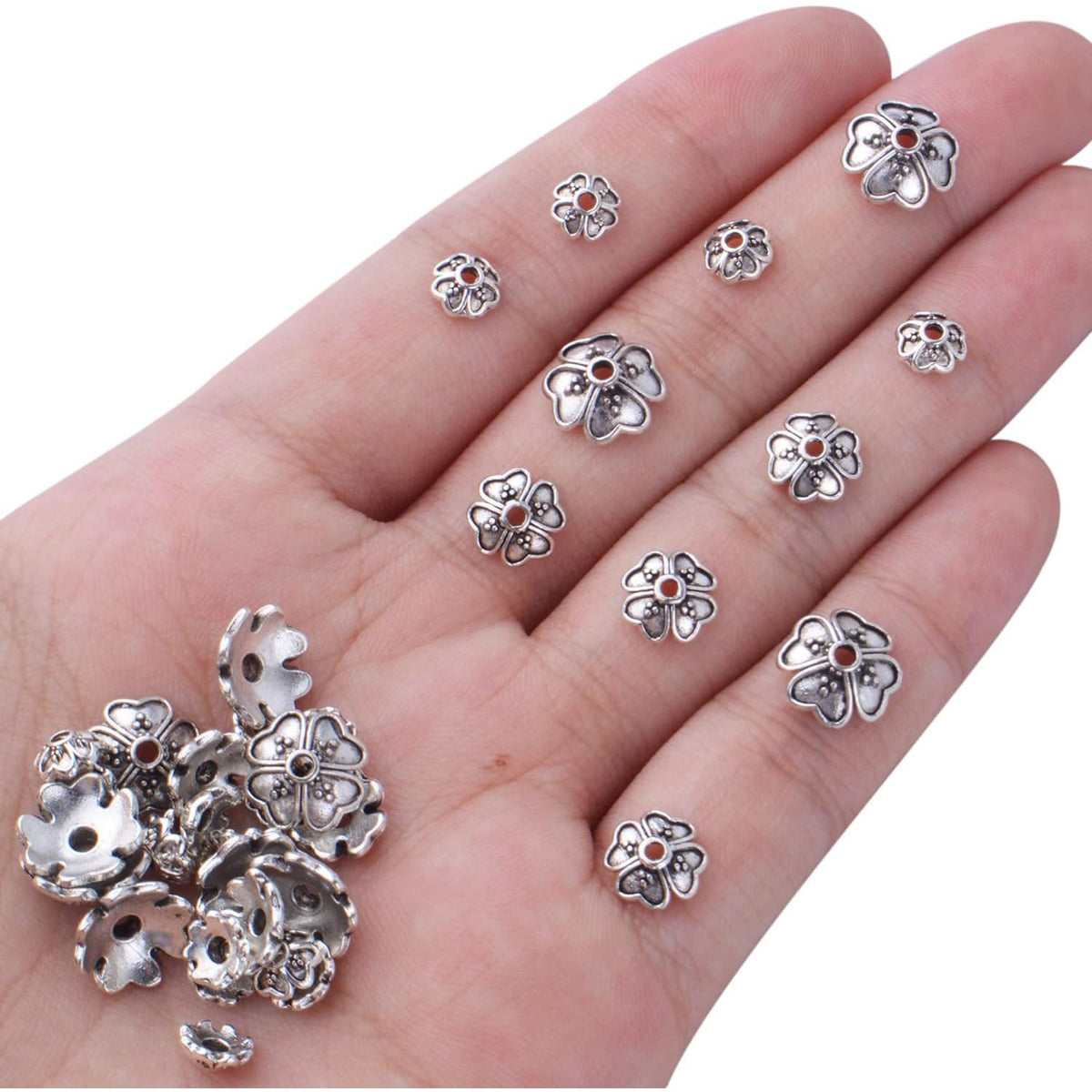 Spacer Beads Caps, 200pcs Antique Silver Flower Bead Caps Alloy Bead End Caps Flower Spacers Beads Craft Supplies for Jewelry DIY Earrings Bracelet Making Accessories, 3 Sizes