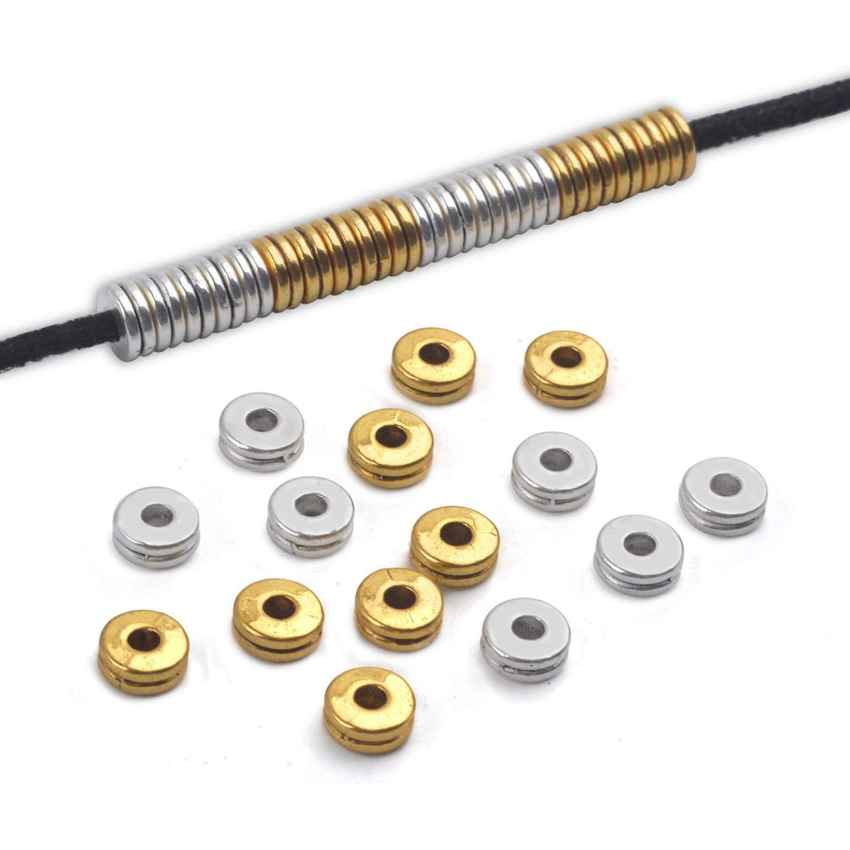 Metal Spacer Beads,200pcs Flat Round Disc Rondelle Spacer Beads Metal Rondelle Beads Spacers for Jewelry Making(6mm) - Silver and Golden
