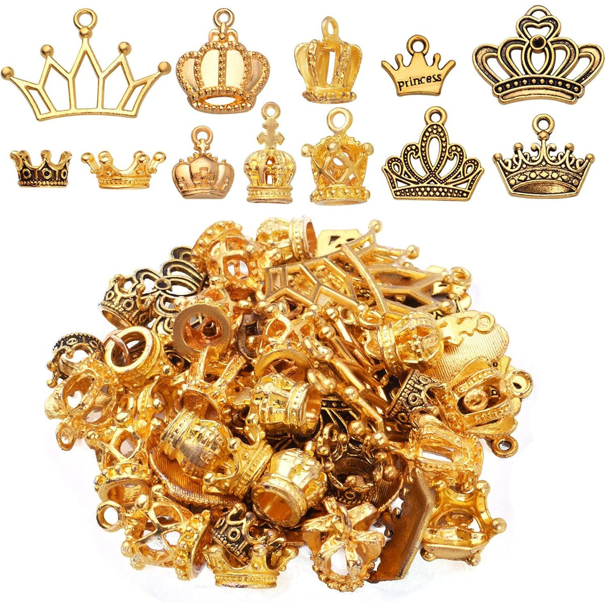60pcs Crown Charms Pendant 3D Mini Vintage Alloy Lovely King Charms Crown Bead Pendants Connectors for DIY Earrings Necklace Bracelet Jewelry Crafts Making Accessories, 12 Styles