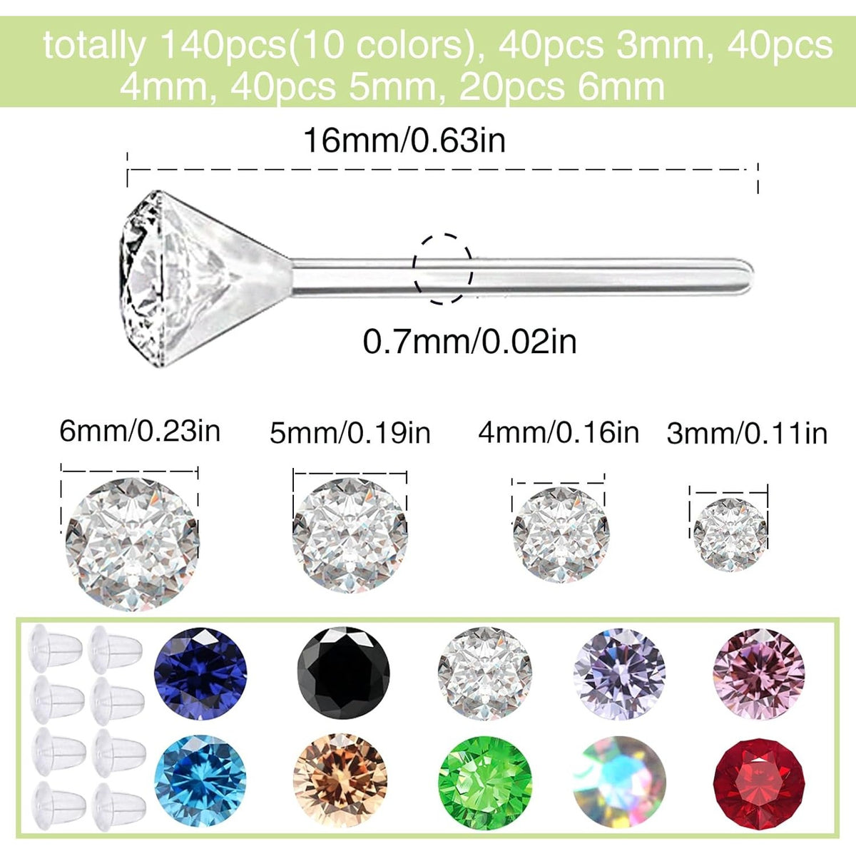 140 Pieces Colorful Rhinestones Earring Studs Hypoallergenic Plastic Resin Post Earrings with Earring Backs for Women Sensitive Ears Party Decoration Gift, 3mm 4mm 5mm 6mm