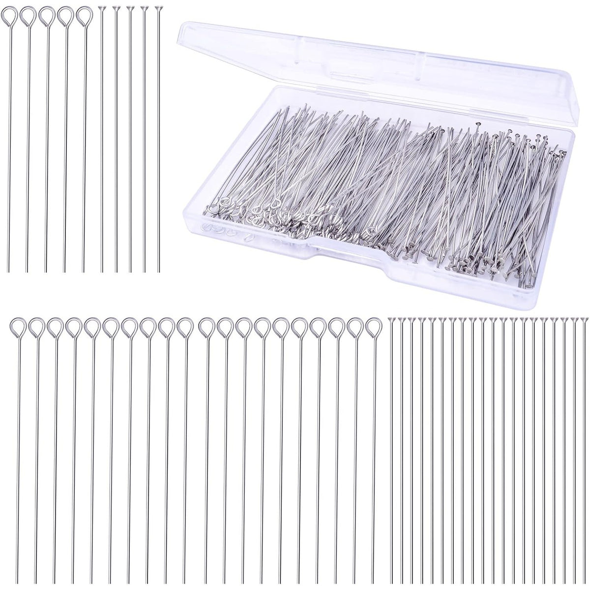 200pcs 50 mm Stainless Steel Open Eye Pins Flat Head Pins Jewelry Headpins Findings with a Plastic Box for DIY Charm Beads Bracelet Necklace Jewelry Making