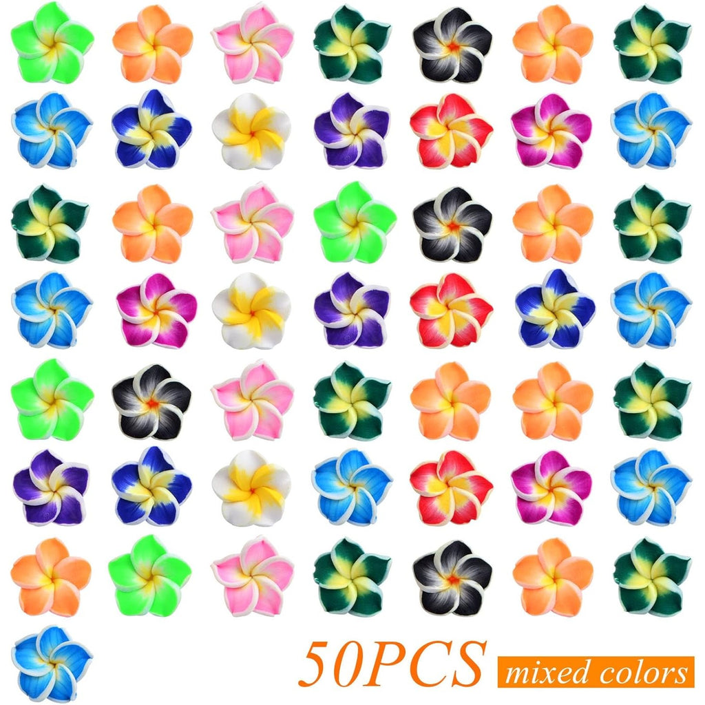 50pcs Mixed Colors Polymer Clay Flower Beads Soft Pottery Spacer Beads 5 Petal Summer Floral Hawaiian Beach Loose Charm Beads for DIY Crafts Earrings Jewelry Making Supplies