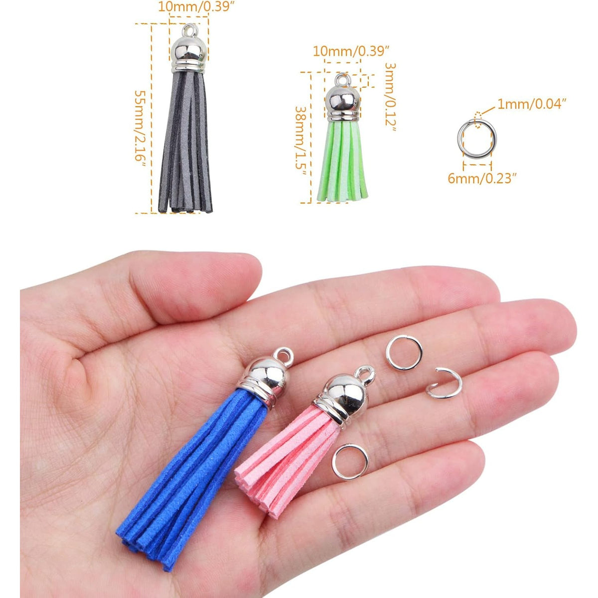 50pcs 2 Sizes Tassel Keychain Charms Multicolored Leather Tassel Pendants and 50pcs White K Open Jump Rings for DIY Earring Cellphone Straps Jewelry Making Accessories