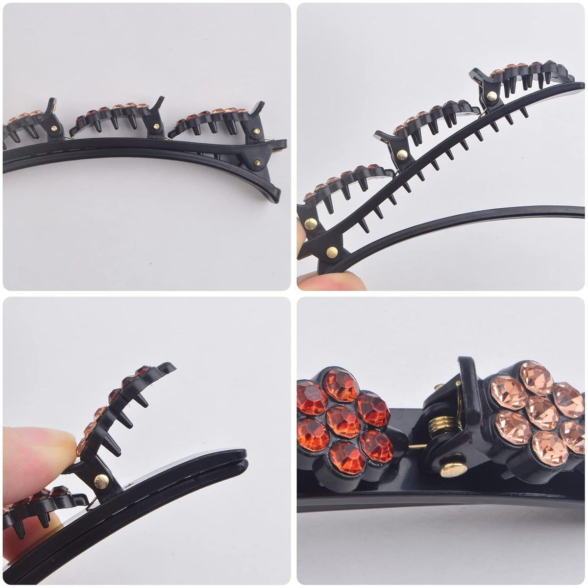 8pcs Sparkling Crystal Stone Braided Hair Clips with Triple Small Clips on Top Double Flower Rsvelte Hair Clip Barrette with Rhinestone for Women Girls Hair Sectioning Styling, 4 Colors
