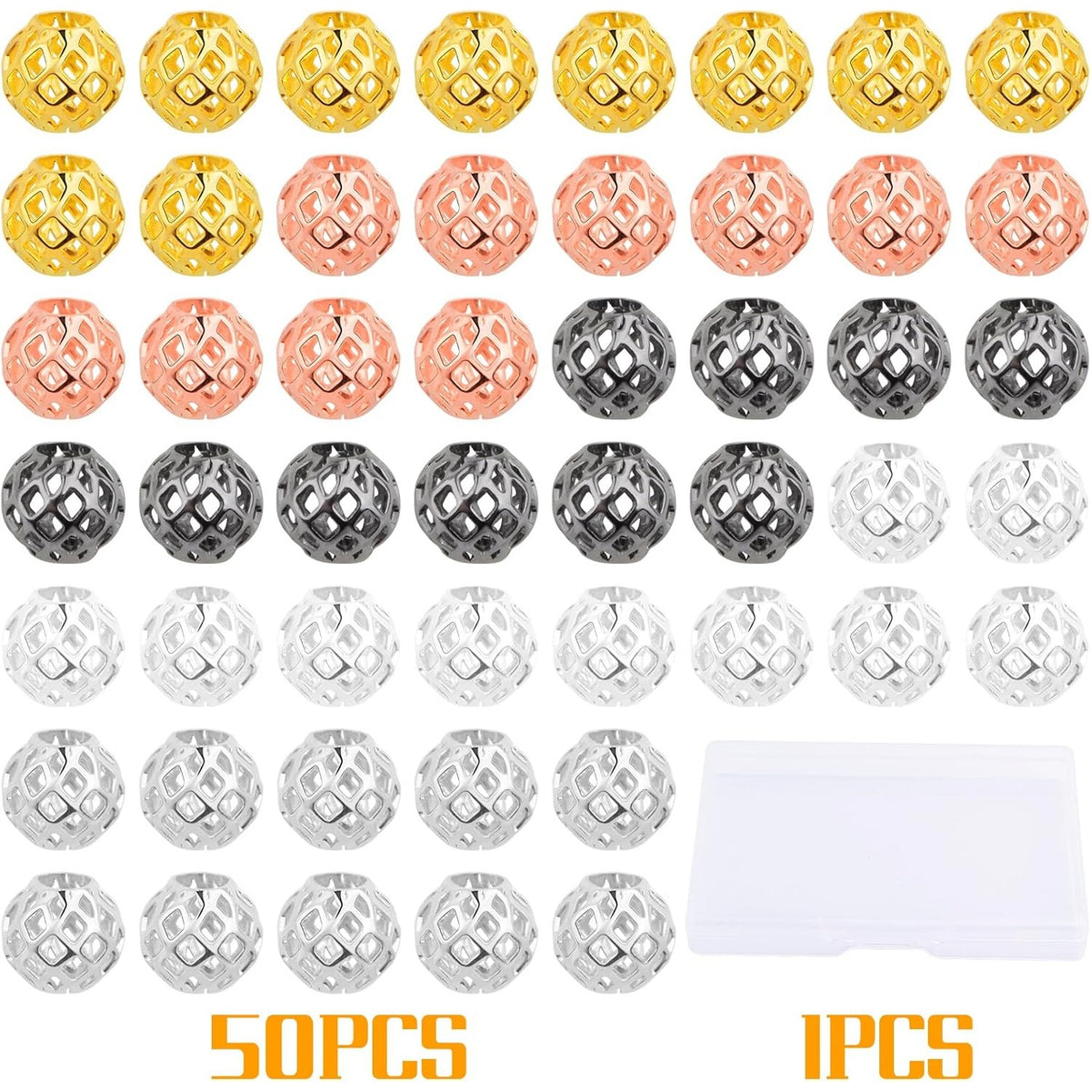 50pcs 8 mm Round Hollow Spacer Beads Brass Filigree Hollow Out Large Hole Loose Ball Beads with a Box for DIY Bracelet Necklace Earrings Jewelry Making, 5 Colors, Hole: 4 mm