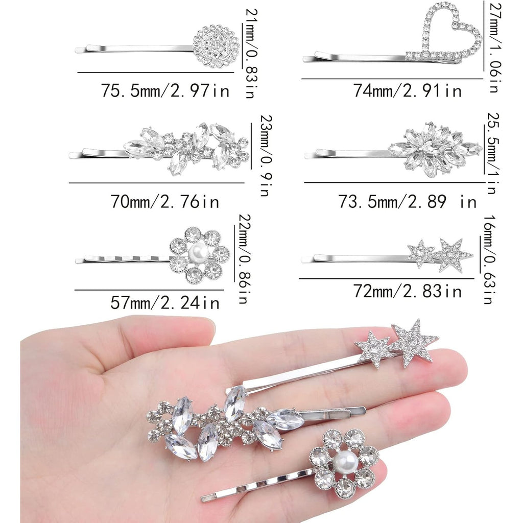 6pcs Silver Rhinestone Wedding Hair Clips Bridal Hair Pins Crystal Bobby Pins Mixed Heart Flower Star Barrettes Hair Accessories for Bride Women and Girls Decoration, 6 Styles